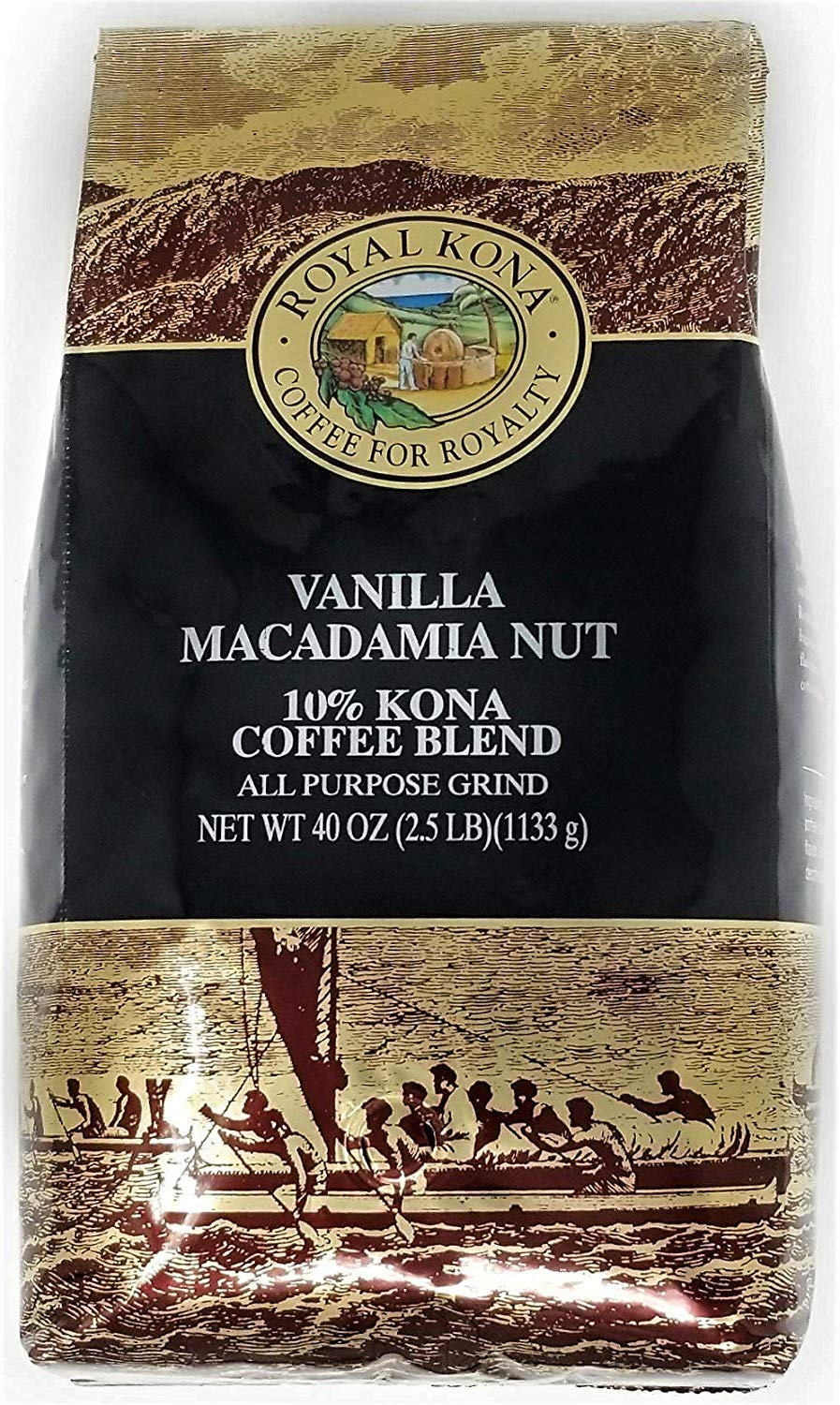 Royal Kona 10% Kona Coffee Blend - Vanilla Macadamia Flavor Ground Coffee, 40oz (3-Pack) | Premium Hawaiian Coffee for Home Brewing, Office & Gifts