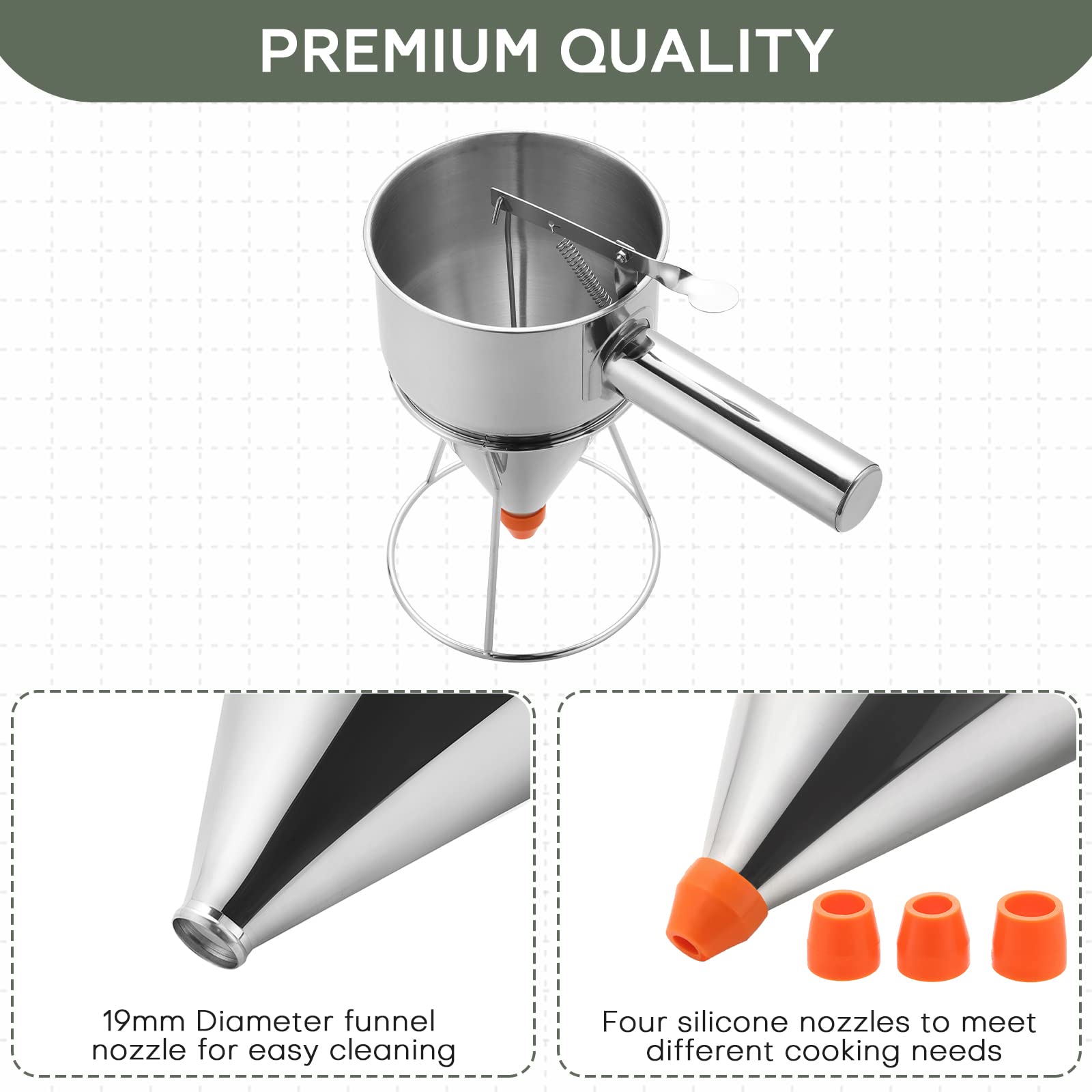 1200ML/40OZ Stainless Steel Pancake Batter Dispenser with 4 Nozzles - Piston Funnel Dispenser with Detachable Handle & Stand for Takoyaki, Baking Cakes, Desserts - Perfect for Home Kitchen, Bakery Shops, and DIY Dessert Making