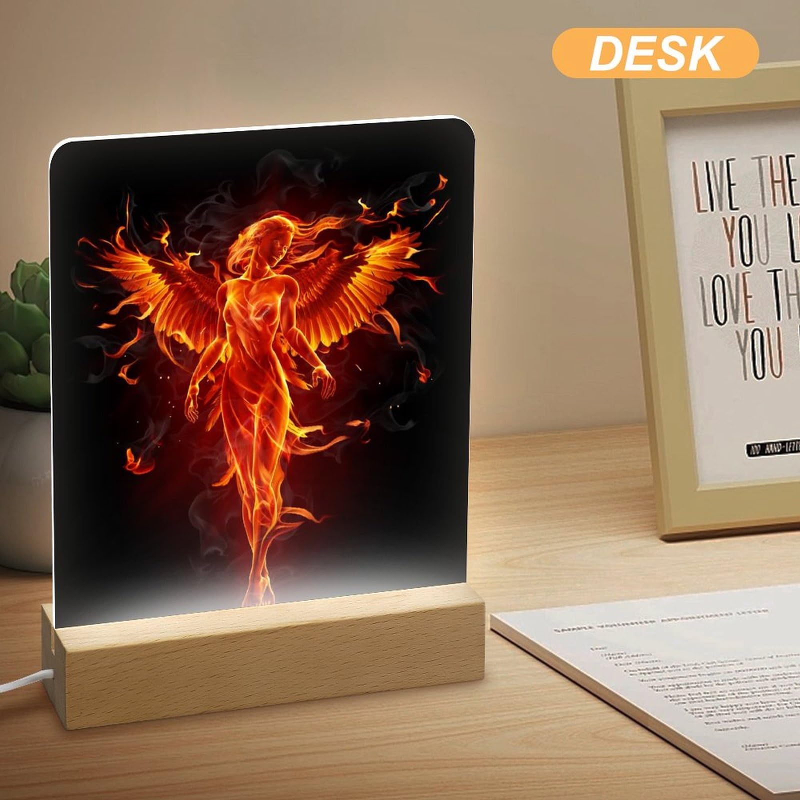 3D LED Night Light - Burning Angel of Flame Design with Clear Acrylic Base | Bedroom Decor, Kids Room Nightlight, Halloween Party Decoration