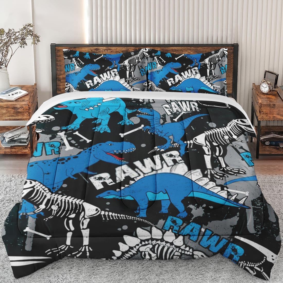 Dinosaur Skeleton Comforter Set Queen Size - Soft & Funny Dino Bedding for Kids & Adults, Includes 2 Pillowcases - Perfect for Kids' Room Decor, Themed Bedrooms & Dinosaur Lovers