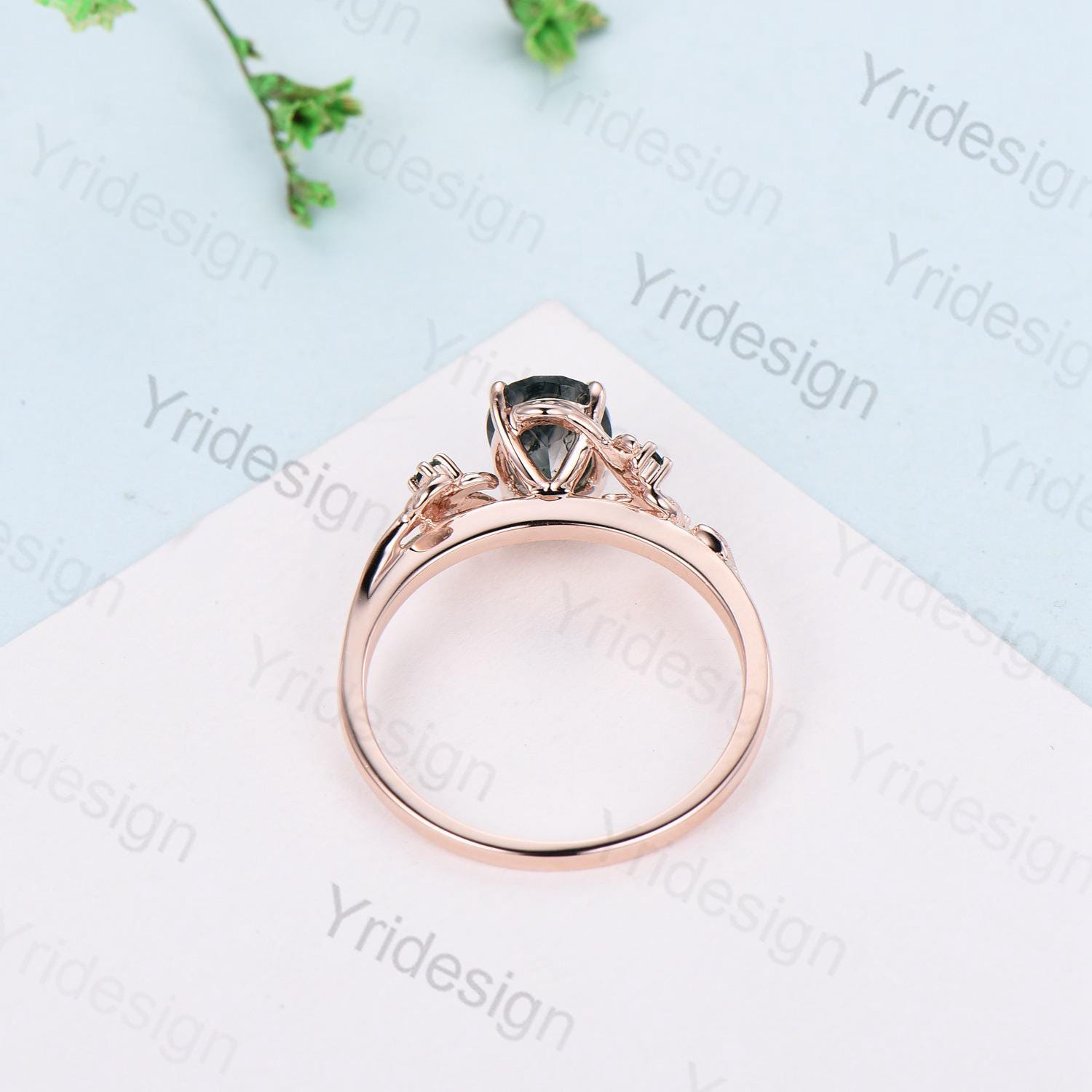 1.5Ct Oval Natural Moss Agate Engagement Ring - Nature Inspired Green Agate Promise Ring - Cluster Emerald Anniversary Ring in Silver & Rose Gold - Perfect for Proposals, Weddings & Special Occasions