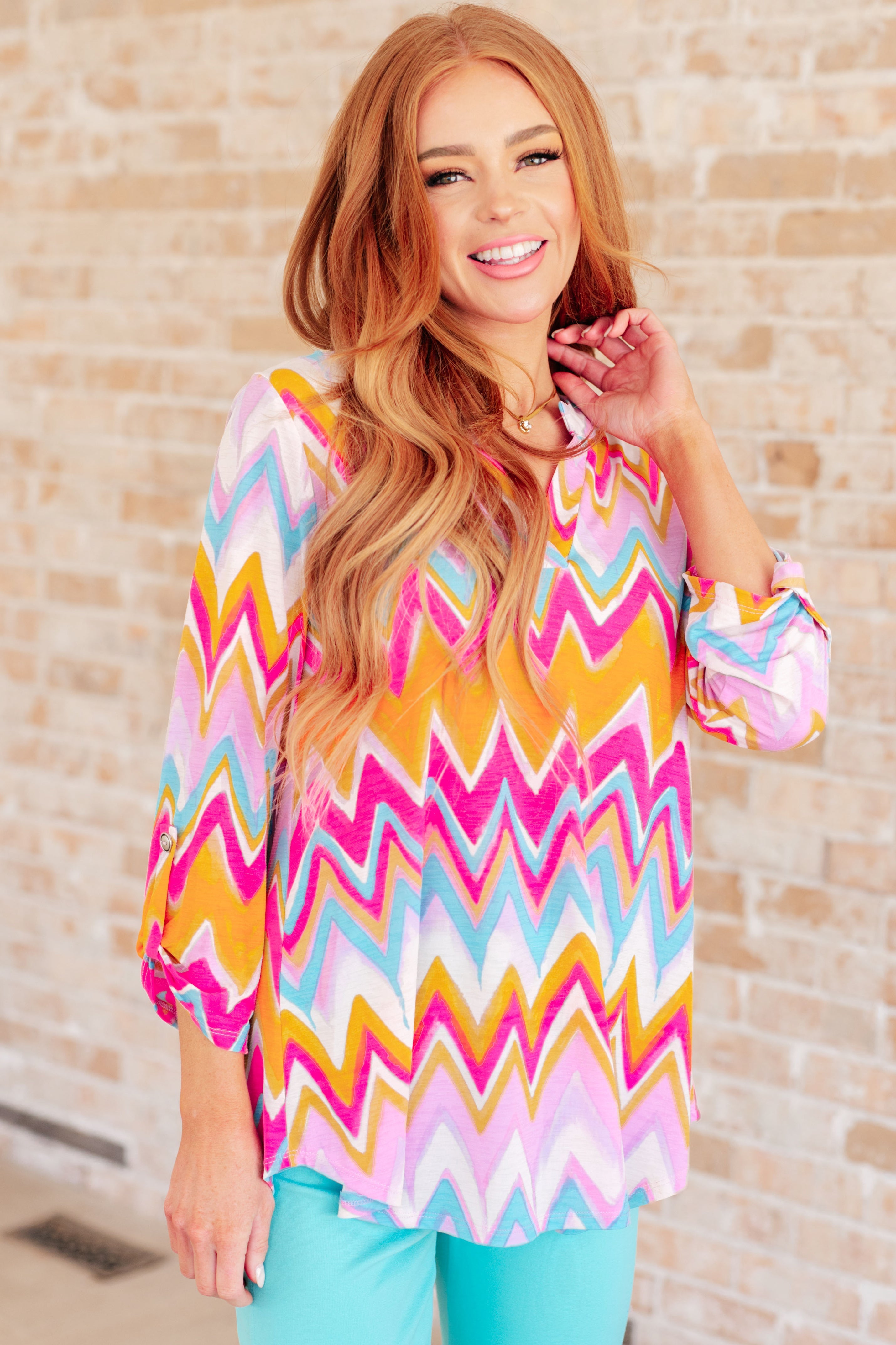 Lizzy Women's Orange Multi Chevron Print Top - Casual & Party Wear for Everyday Style