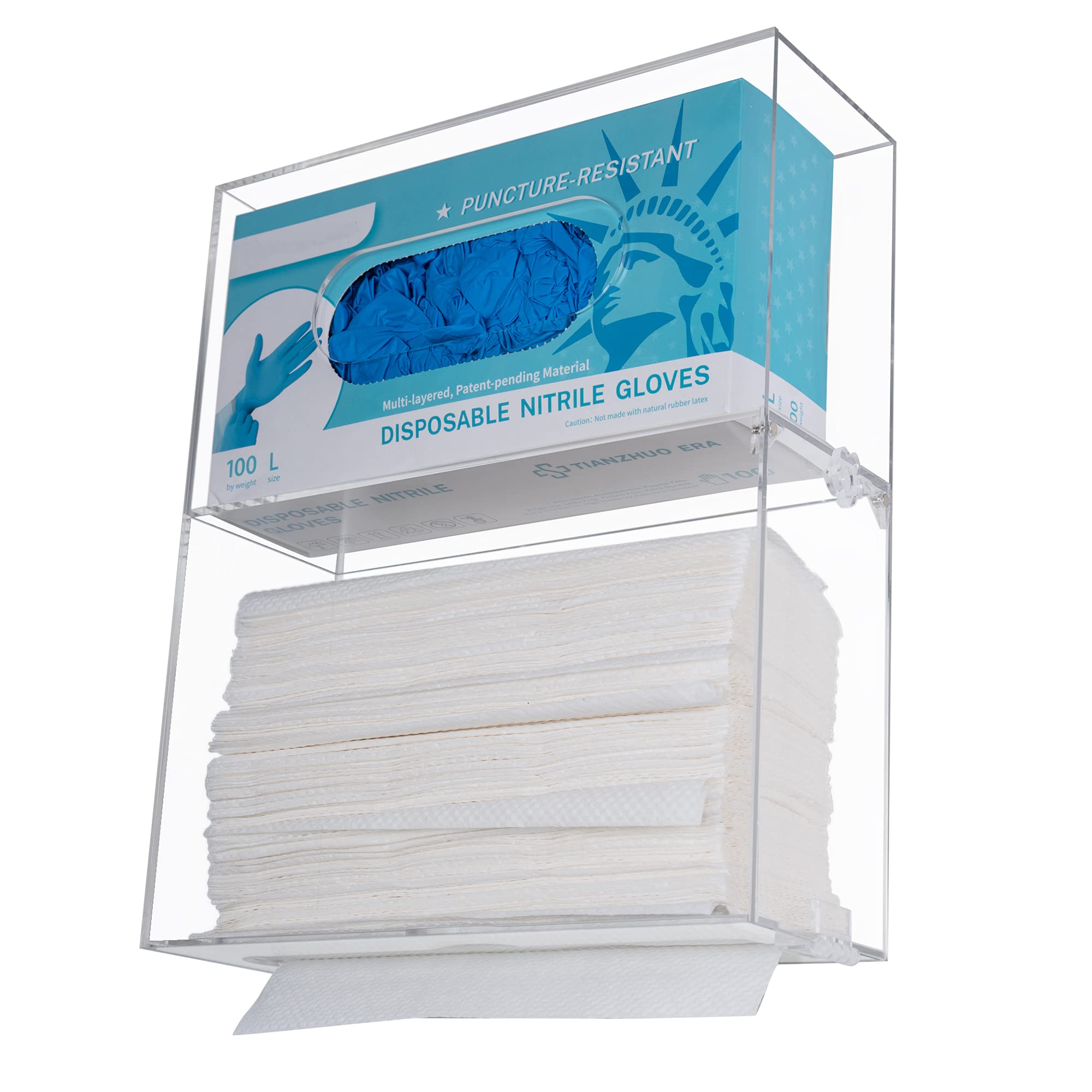 Clear Acrylic Glove Box & Paper Towel Holder Dispenser - Wall Mounted Organizer for Kitchen, Bathroom, or Workshop Storage