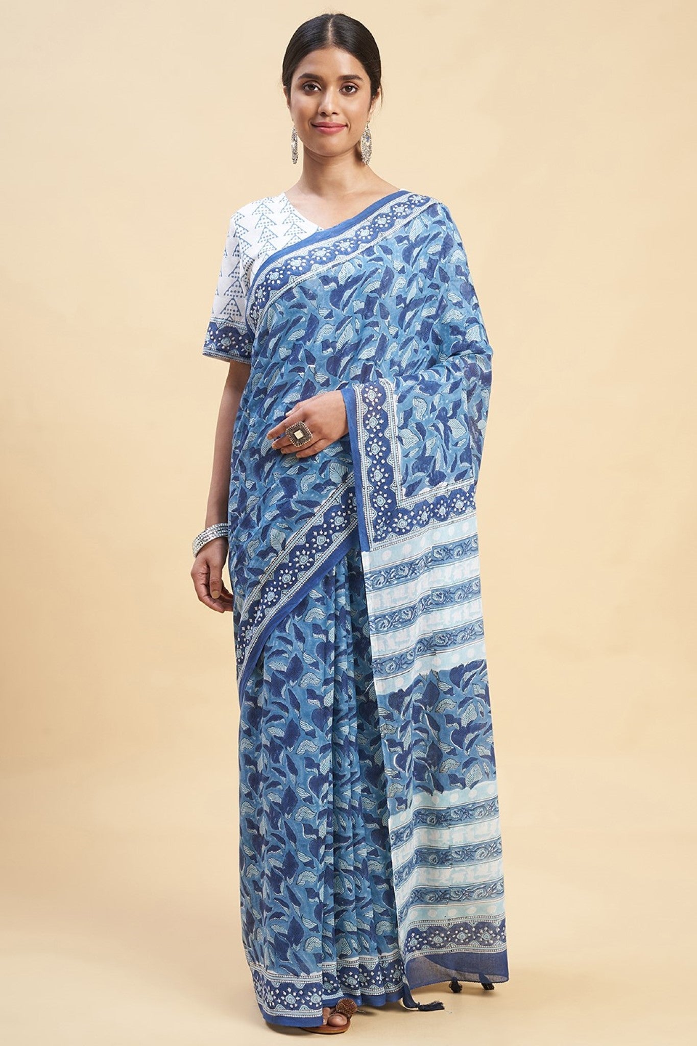 Autumn Blue Hand Block Printed Cotton Saree - Traditional Indian Wrap Dress for Women, Perfect for Festivals, Weddings & Special Occasions