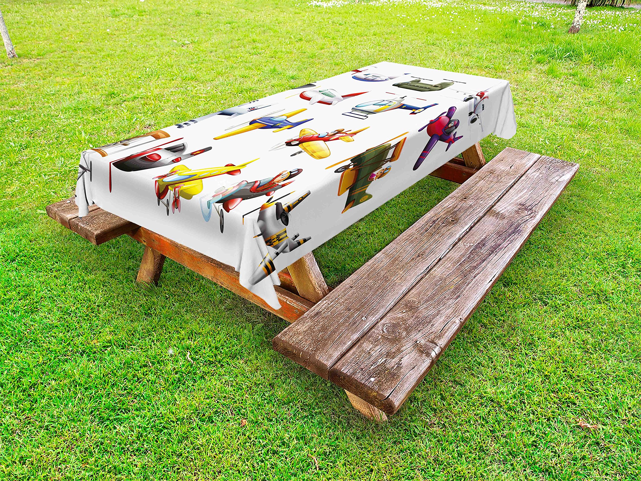 Lunarable Cartoon Airplane Tablecloth - Washable Outdoor Picnic Table Cover with Digital Aircraft Design, 58x120 Inches, Multicolor - Perfect for BBQs, Parties, and Picnics