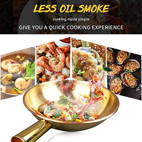 **Pure Copper Wok Pan - 34cm Thickened Brass Frying Pan with Wooden Handle - Professional Cookware for Stir-Fry, Sauté & Deep Frying - Ear Copper Pot for Home & Restaurant Use**