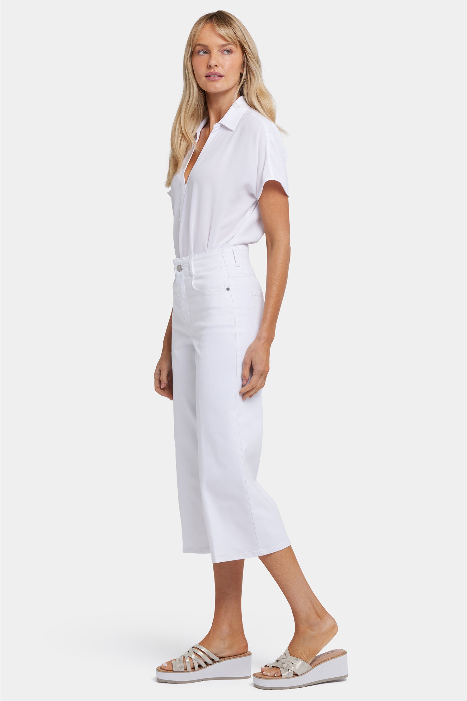 Brigitte Women's Wide Leg Capri Jeans - High Waisted Stretch Denim Pants in Optic White | Casual Summer Outfit, Beach Wear & Boho Style Fashion