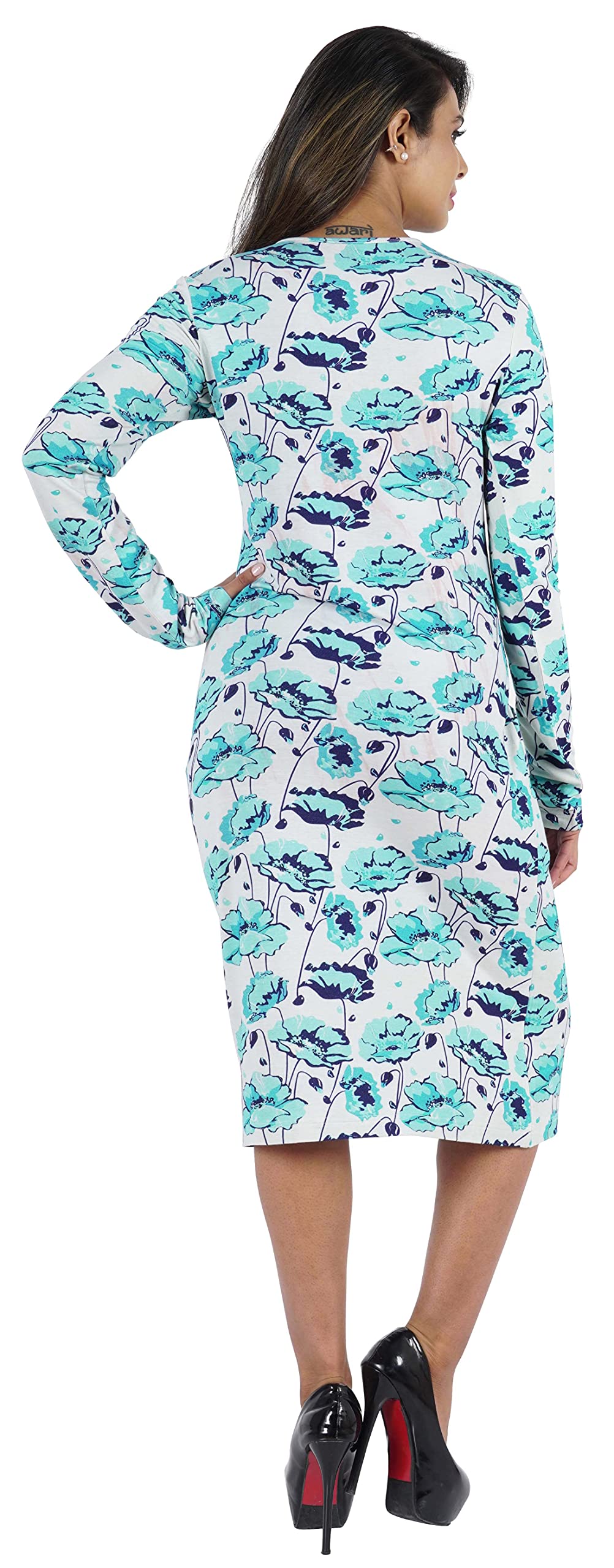 Bimba Women's Printed Long Bodycon Dress with Pockets - Full Sleeve Midi Dress for Party, Date Night & Office Wear