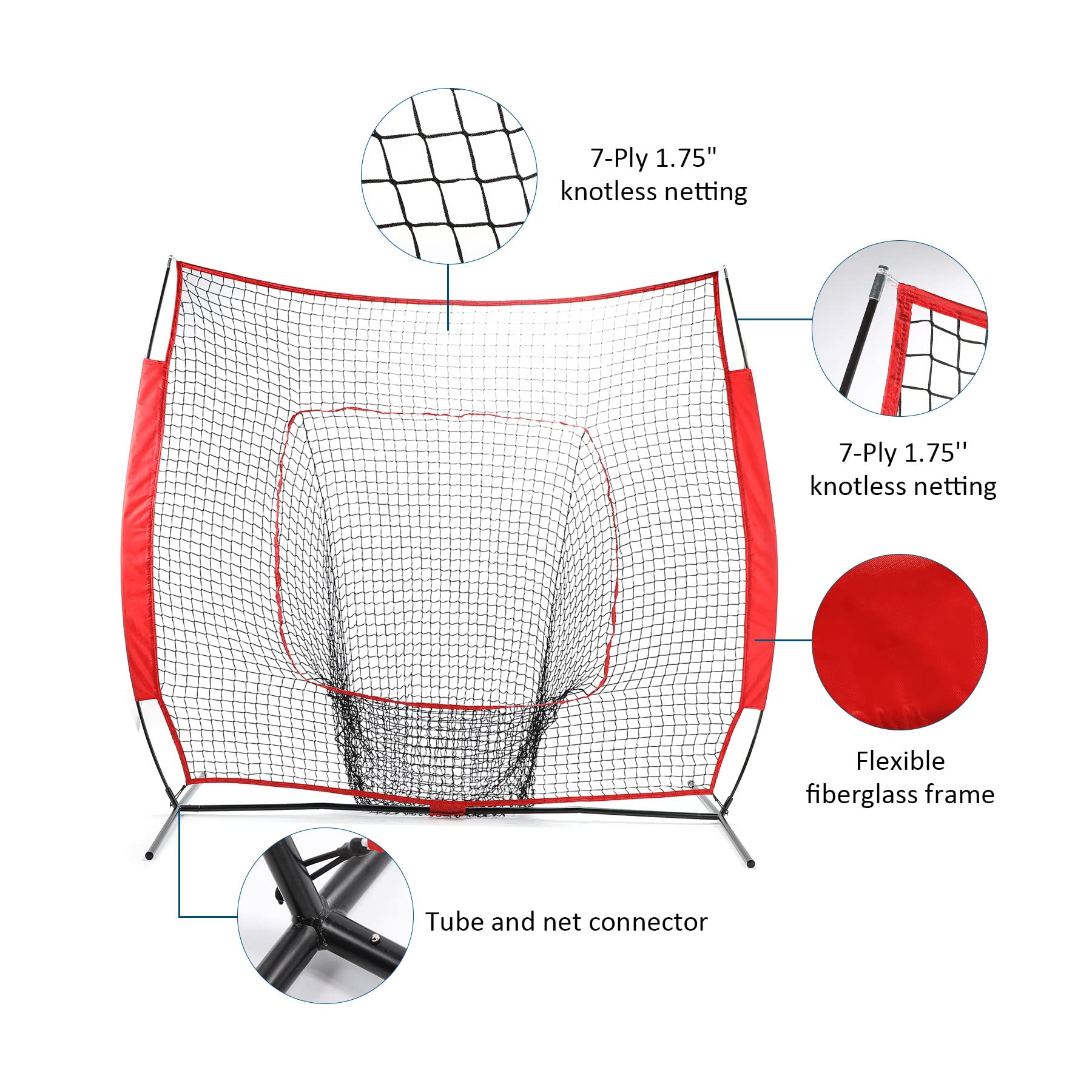 7'×7' Portable Baseball & Softball Practice Net with Carry Bag & Metal Frame - Hitting Training Net with Batting Tee for Backyard, Field & Indoor Practice - Perfect for Youth & Adult Players