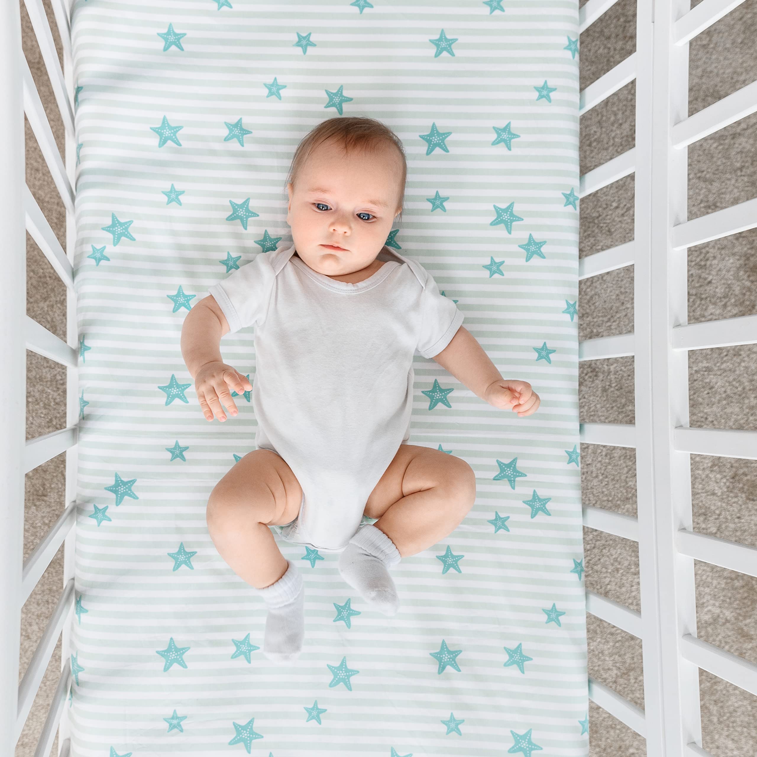 100% Cotton Baby Crib Sheets for Boys & Girls - 2 Pack Nautical Ocean Star Print Crib Bedding Set, Soft Teal & White Nursery Sheets for Infant Bassinet or Toddler Crib | Perfect for Coastal Nursery Decor, Baby Shower Gifts & Newborn Essentials