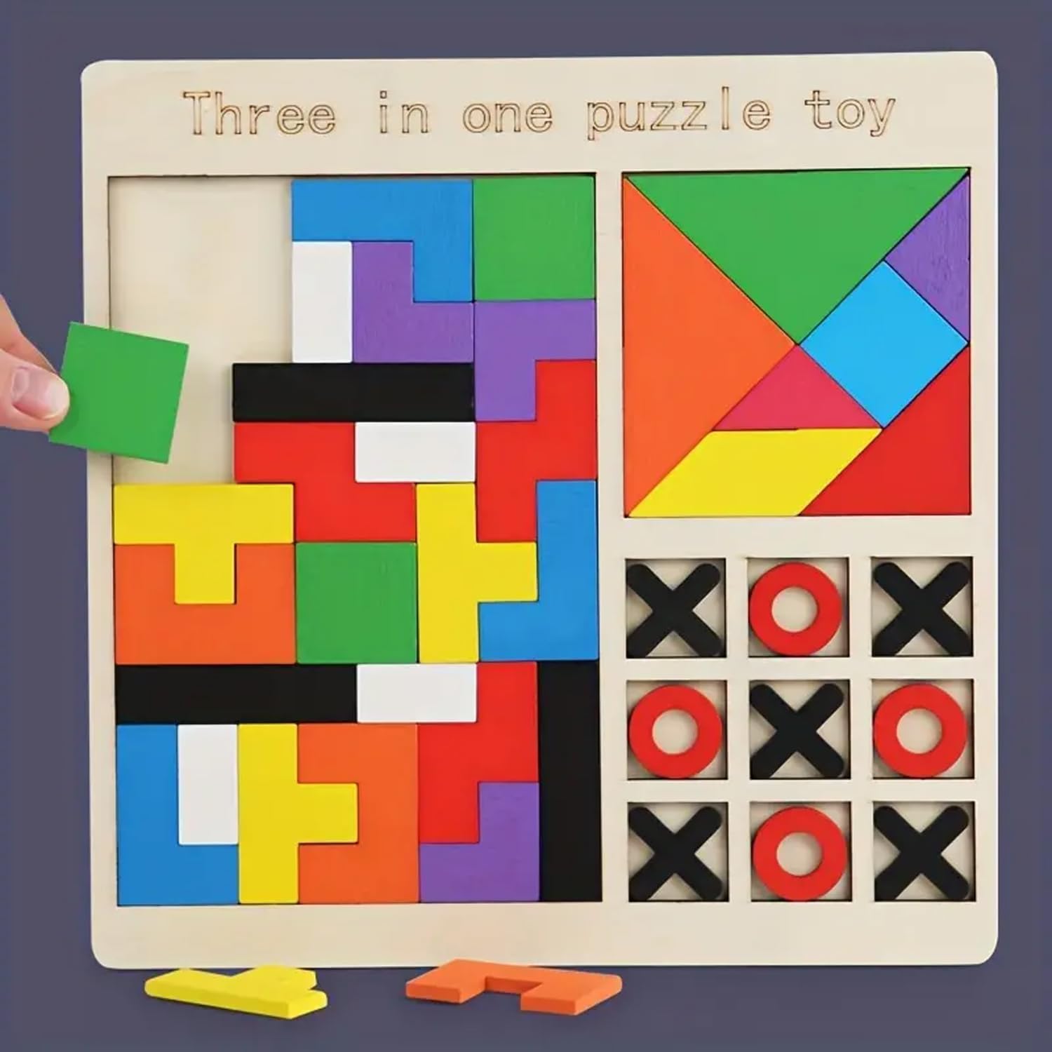 Dyomnizy Wooden Educational Tangram Puzzle Game for Kids - 3-in-1 Tic-Tac-Toe, Chess & Block Puzzle Set | Montessori Learning Toy for Preschoolers | Perfect for Classroom, Travel & Family Game Night