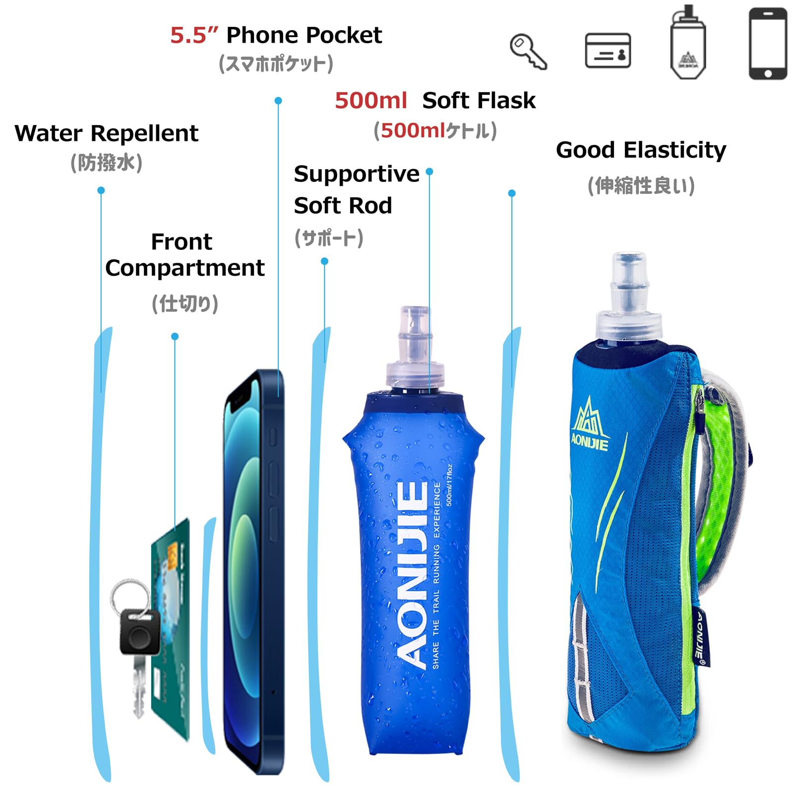 **Azarxis 17oz Handheld Water Bottle with Phone Case - Quick Grip Soft Flask & Hand Strap for Running, Walking, Hiking - Hydration Pack for Runners, Athletes, Outdoor Enthusiasts (Black)**