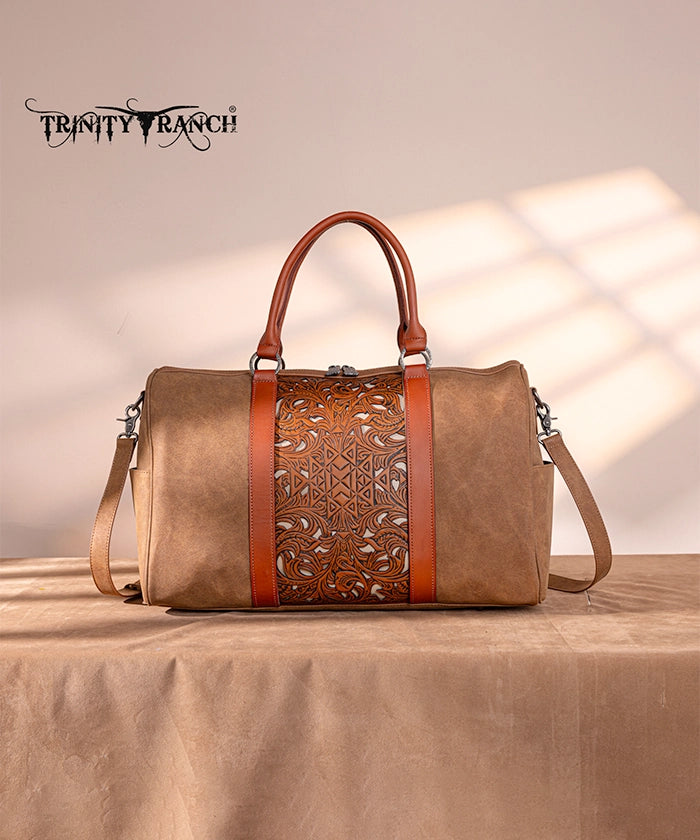 Trinity Ranch Aztec Tooled Leather Weekender Bag - Stylish Travel Duffel for Women & Men - Perfect for Weekend Getaways, Gym, Work & Overnight Trips
