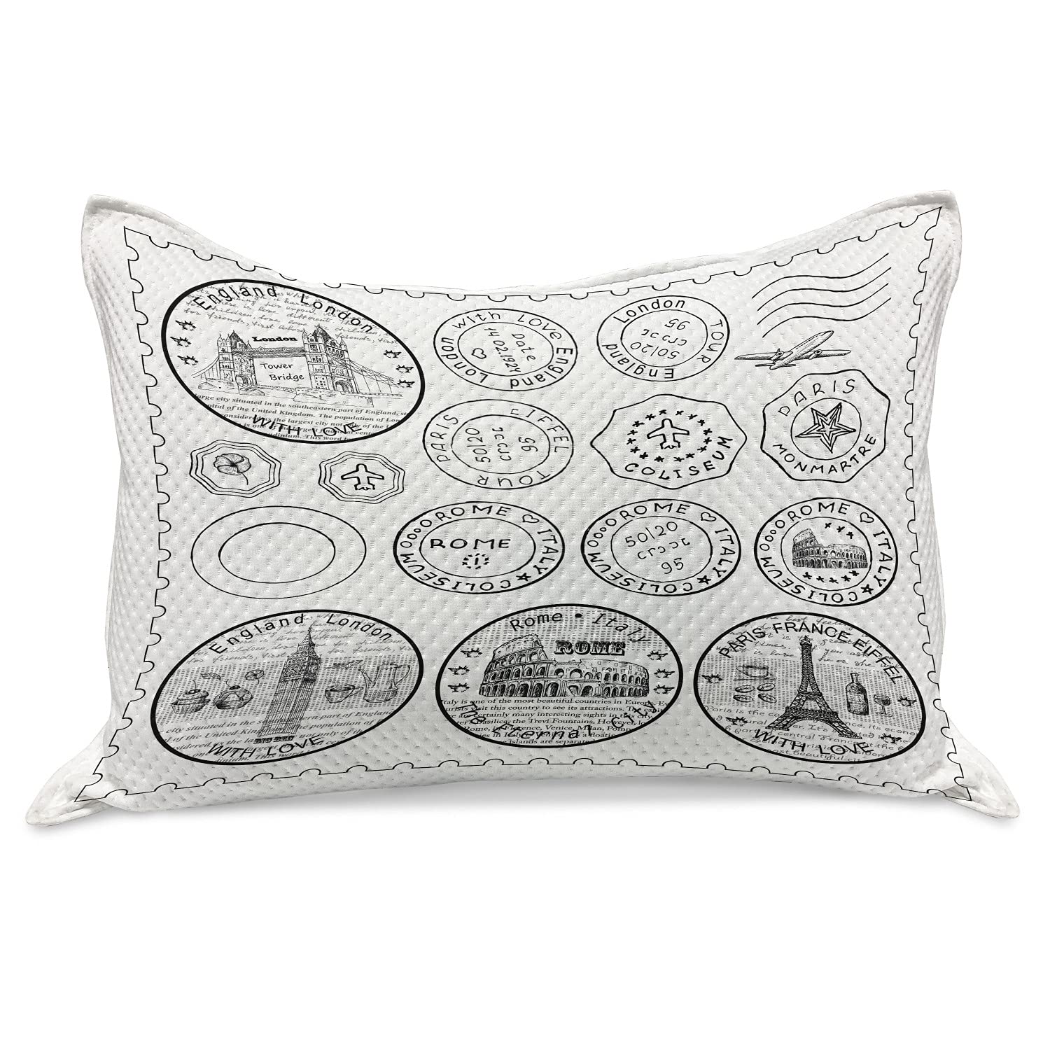 Ambesonne Travel Knitted Quilt Pillow Cover - World Stamps Historical Landmarks Tourist Attractions European Design - Standard Queen Size 30