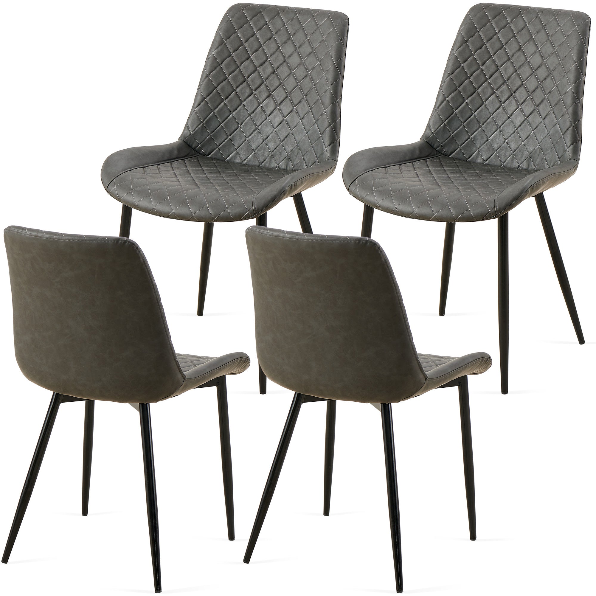 Dark Grey Set of 4 Mid Century Modern Leathaire Dining Chairs - Armless Side Chairs with Metal Legs for Kitchen & Living Room | Perfect for Small Spaces & Contemporary Home Decor