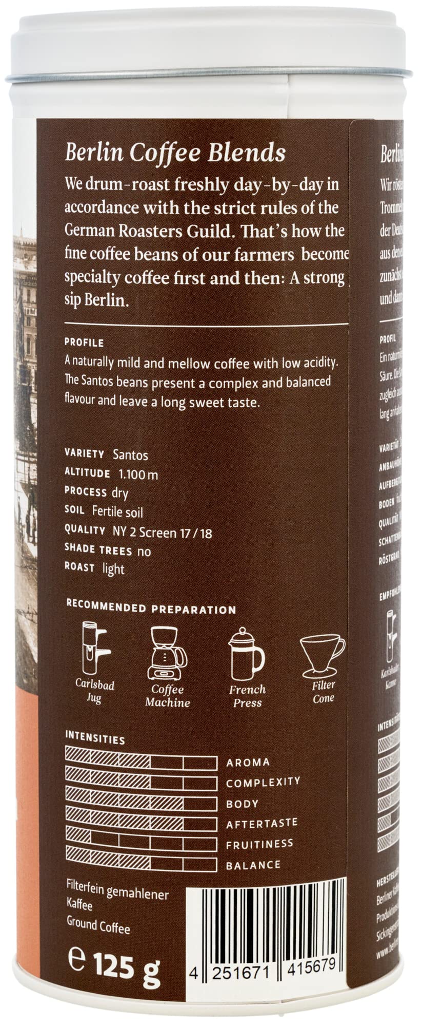 Berlin Coffee Roastery - Brazil Fazenda da Lagoa Ground Coffee (125g) in Double-Lid Tin, Light Roast, 100% Arabica Beans, Floral/Nutty/Sweet Flavor Profile - Perfect for Home Brewing & Office Coffee Breaks