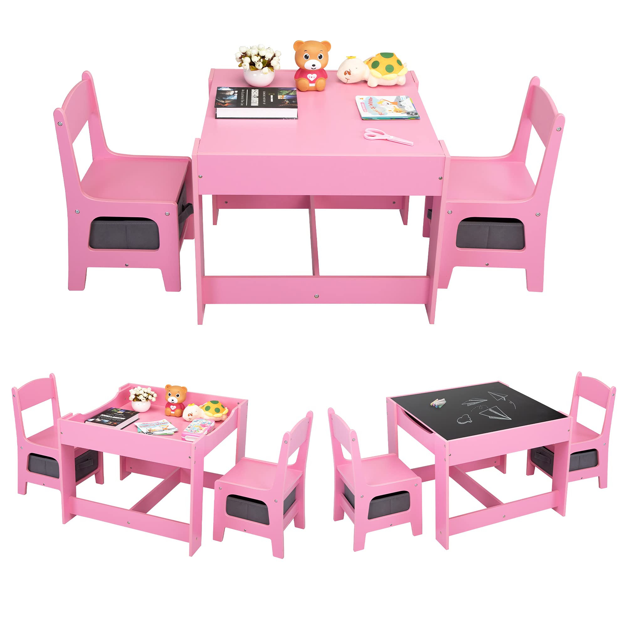 Wooden Kids Table and 2 Chairs Set - 3-in-1 Children's Activity Table with Storage Drawer & Detachable Blackboard - Toddler Table Chair Set for Playing, Drawing, Reading - Perfect for Playroom, Classroom & Home Learning (Pink)