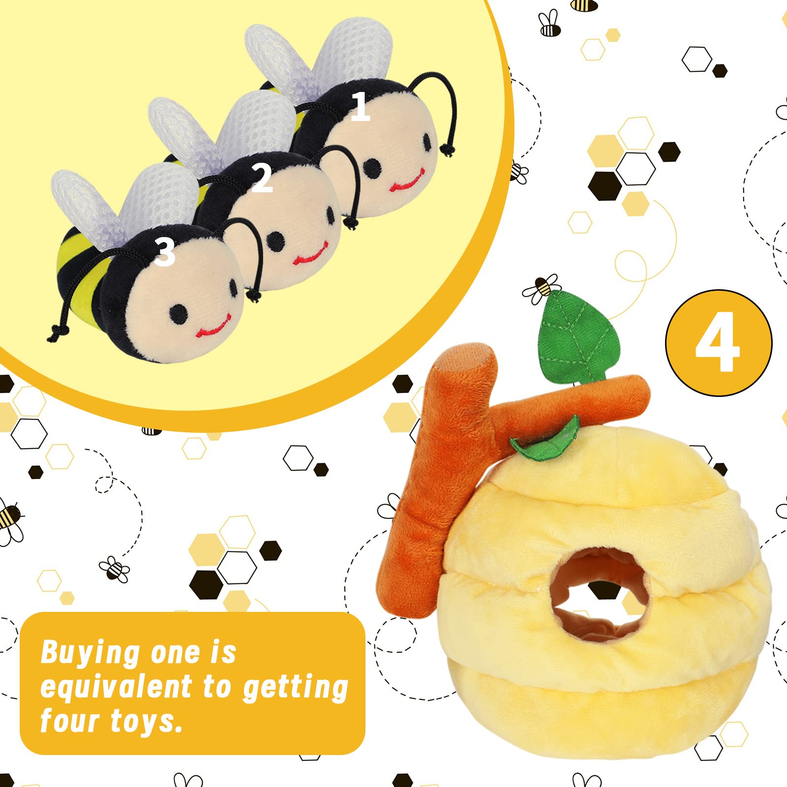 Whaline 4Pcs Interactive Dog Toys - Squeaky Bee Honey Pot Puzzle Toys for Hide & Seek, Tough Chew Teething for Small Medium Large Dogs | Fun Boredom Relief & Mental Stimulation for Puppies & Adult Dogs - Perfect for Indoor Play, Training Rewards & Outdoor Activities