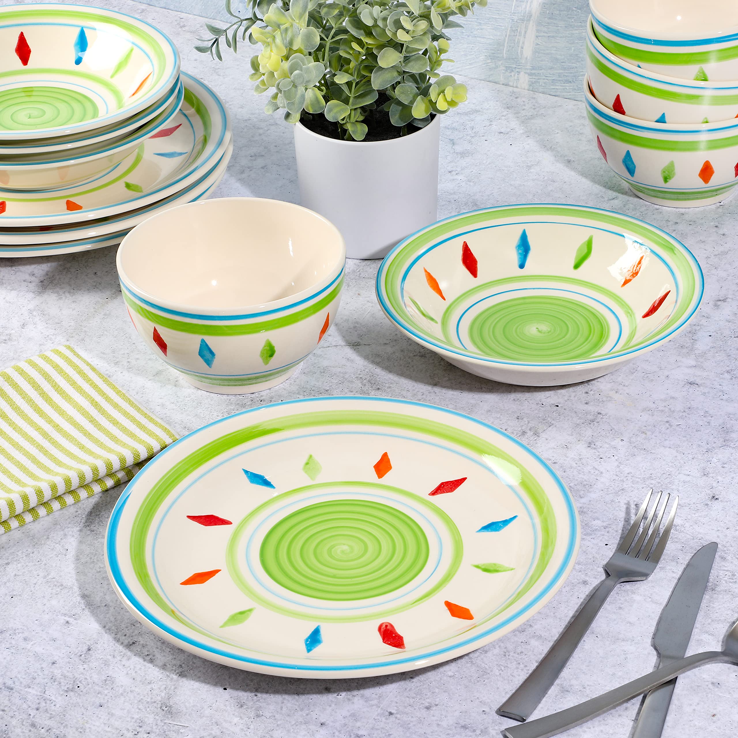 Gibson Home Heidy Hand Painted 12-Piece Dinnerware Set - Elegant Green Ceramic Plates, Bowls & Mugs for 4 People | Perfect for Family Dinners, Holiday Entertaining & Everyday Use