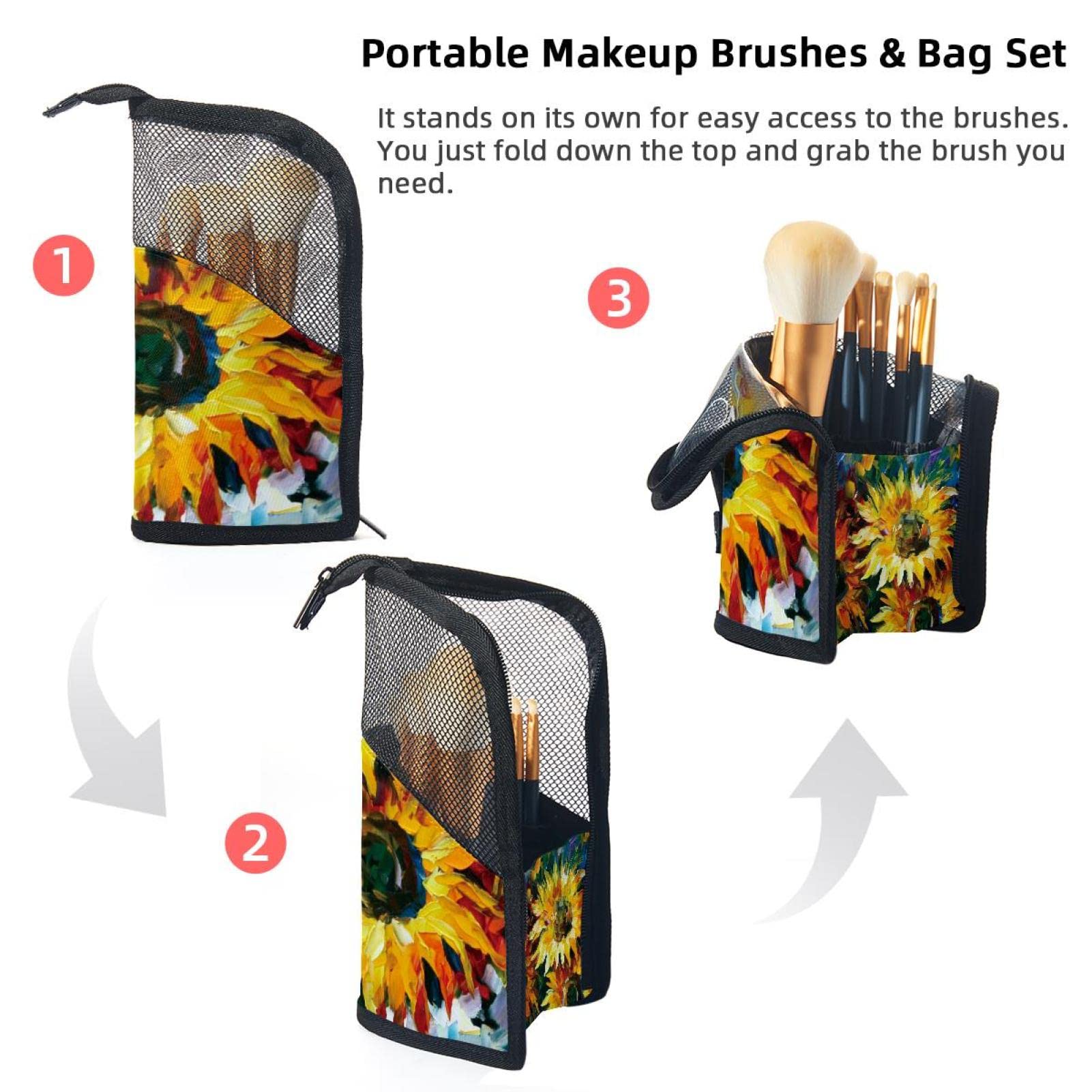 12-Piece Makeup Brush Organizer Bag with Oil Painting Sunflowers Design - Portable Cosmetic Brush Holder Case for Travel, Home & Professional Makeup Artists