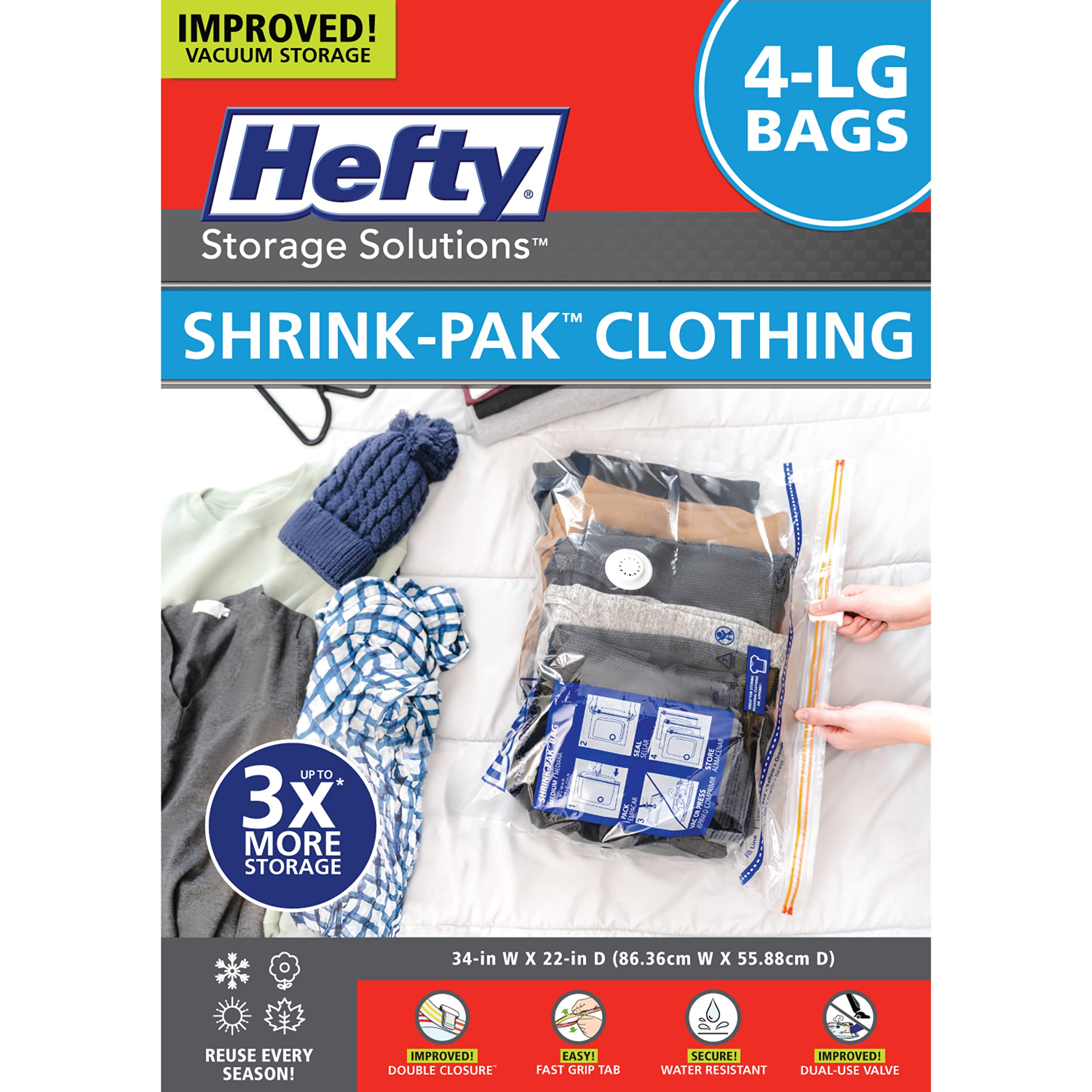 Hefty Shrink-Pak - 4 Large Vacuum Storage Bags for Clothes, Pillows, Towels & Blankets | Space Saving Vacuum Sealer Bags | Ideal Under Bed Storage Solution for Seasonal Clothes, Travel & Home Organization