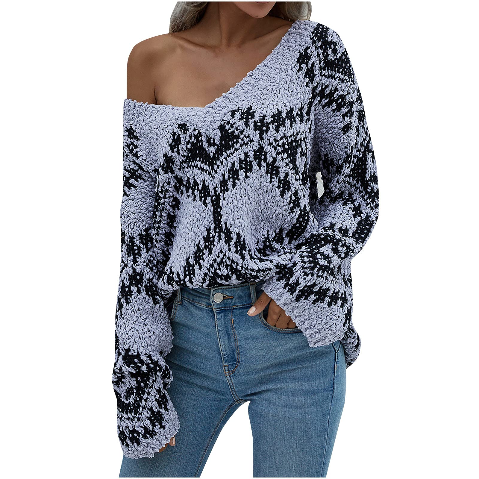 Trendy Women's Fall Sweater - V Neck Waffle Knit Henley Tunic Top with Rhombus Print | Long Sleeve Casual Sweatshirt for Autumn Outfits, Office Wear & Weekend Style