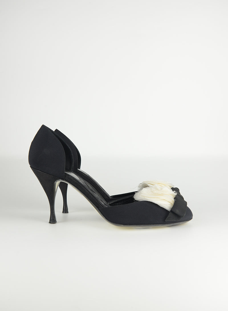 Chanel Black Fabric Décolléte Shoes with Camelia - Size 40.5 | Luxury Women's Flats for Evening Parties & Special Occasions