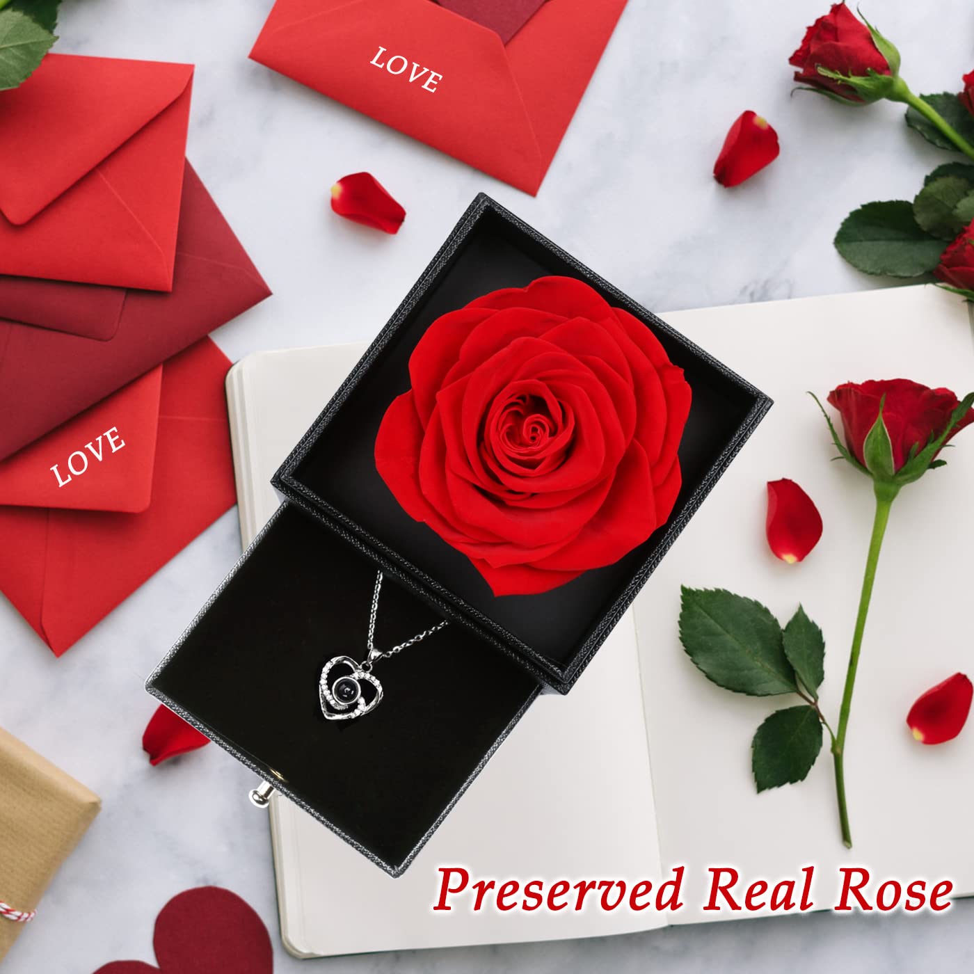Eternal Rose Gift Box for Women - Handmade Rose Flower Necklace for Mom, Wife, Anniversary, Birthday, Wedding & Christmas - Romantic Home Decor & Jewelry Present for Her - Perfect for Valentine's Day, Mother's Day & Special Occasions