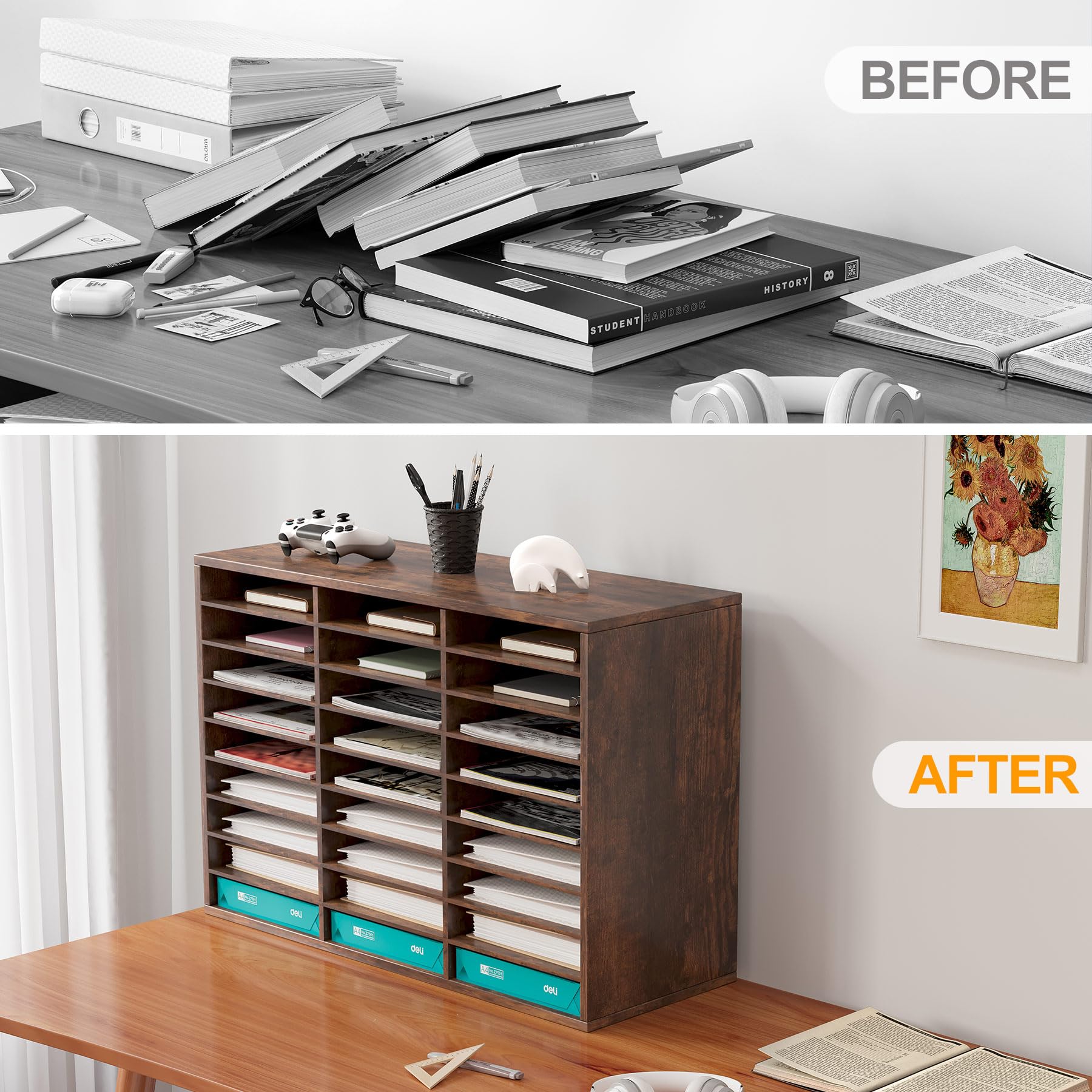 TQVAI 27-Slot Wooden Mail Sorter Organizer - Classroom & Home Office Desktop File Organizer with Antique Finish | Perfect for Letters, Bills, Documents, and Paper Storage in Schools, Offices, and Workspaces