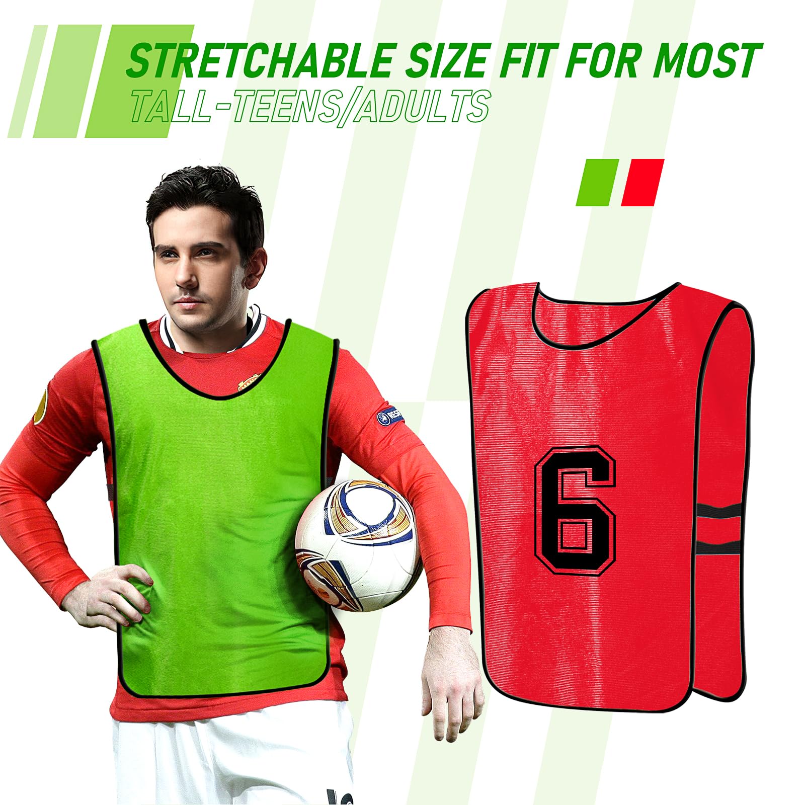24-Pack Reversible Scrimmage Vests for Soccer, Basketball & Football - Numbered Training Bibs/Pinnies for Team Sports Practice and Gym Class