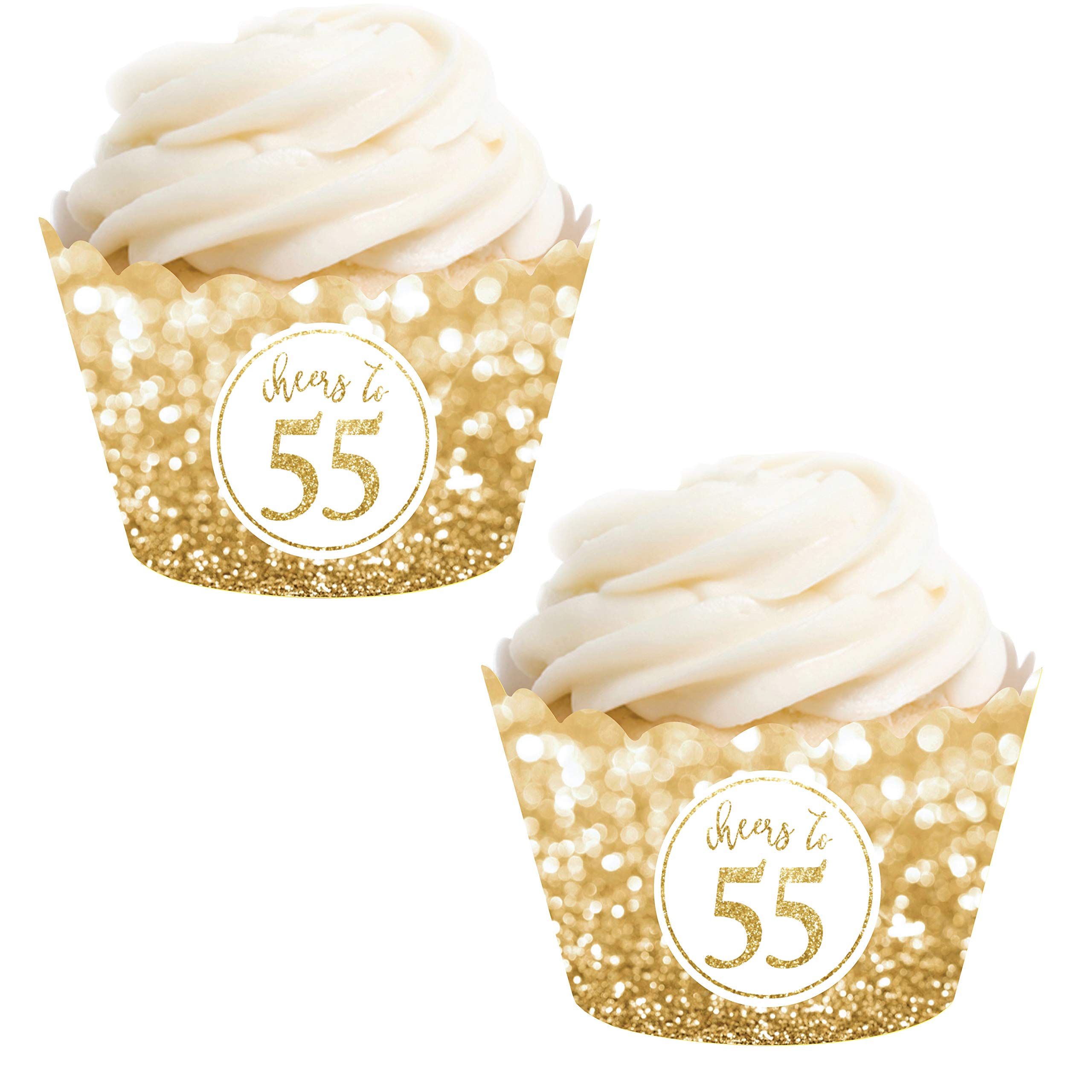 55th Birthday or Anniversary Cupcake Wrappers - 24-Pack Glitzy Gold Glitter Decorations (Non-Real Glitter) for Parties, Celebrations & Special Events