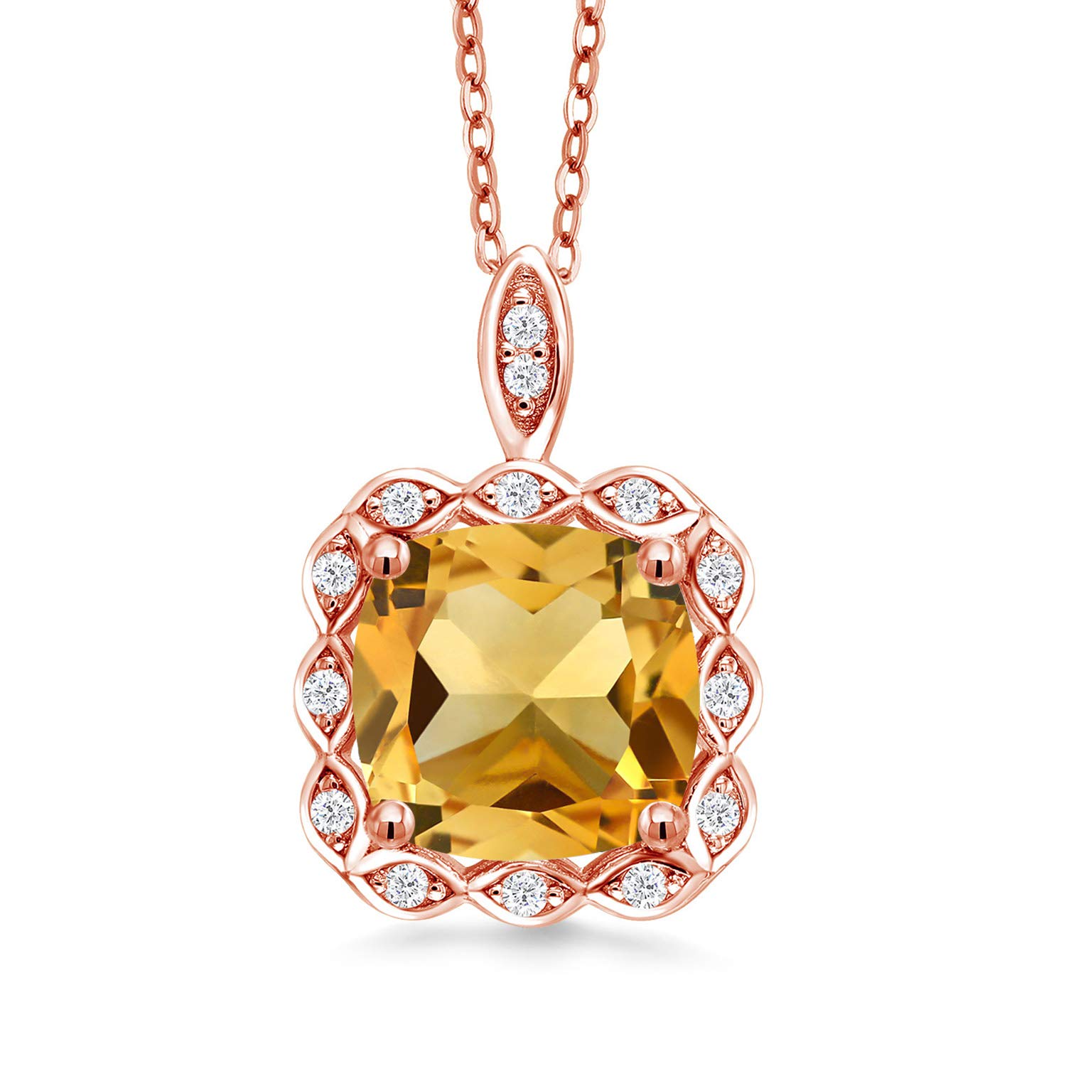 18K Rose Gold Plated Silver 10MM Cushion Gemstone Birthstone Pendant Necklace for Women | Halo Necklace with 18 Inch Silver Chain | Elegant Gift for Birthday, Anniversary & Special Occasions