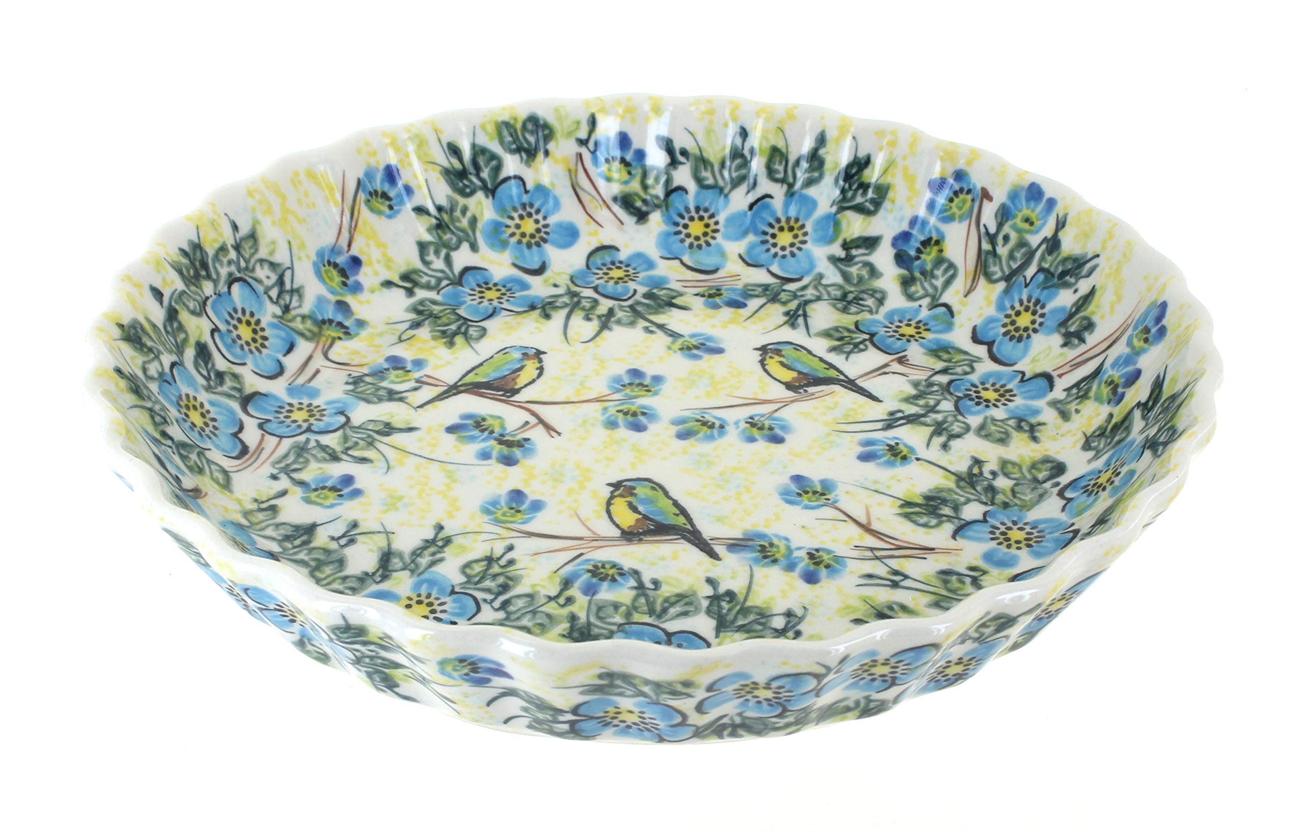 Handmade Blue Rose Polish Pottery Bluebird Pie Plate - Decorative Ceramic Baking Dish for Garden Parties & Holiday Desserts