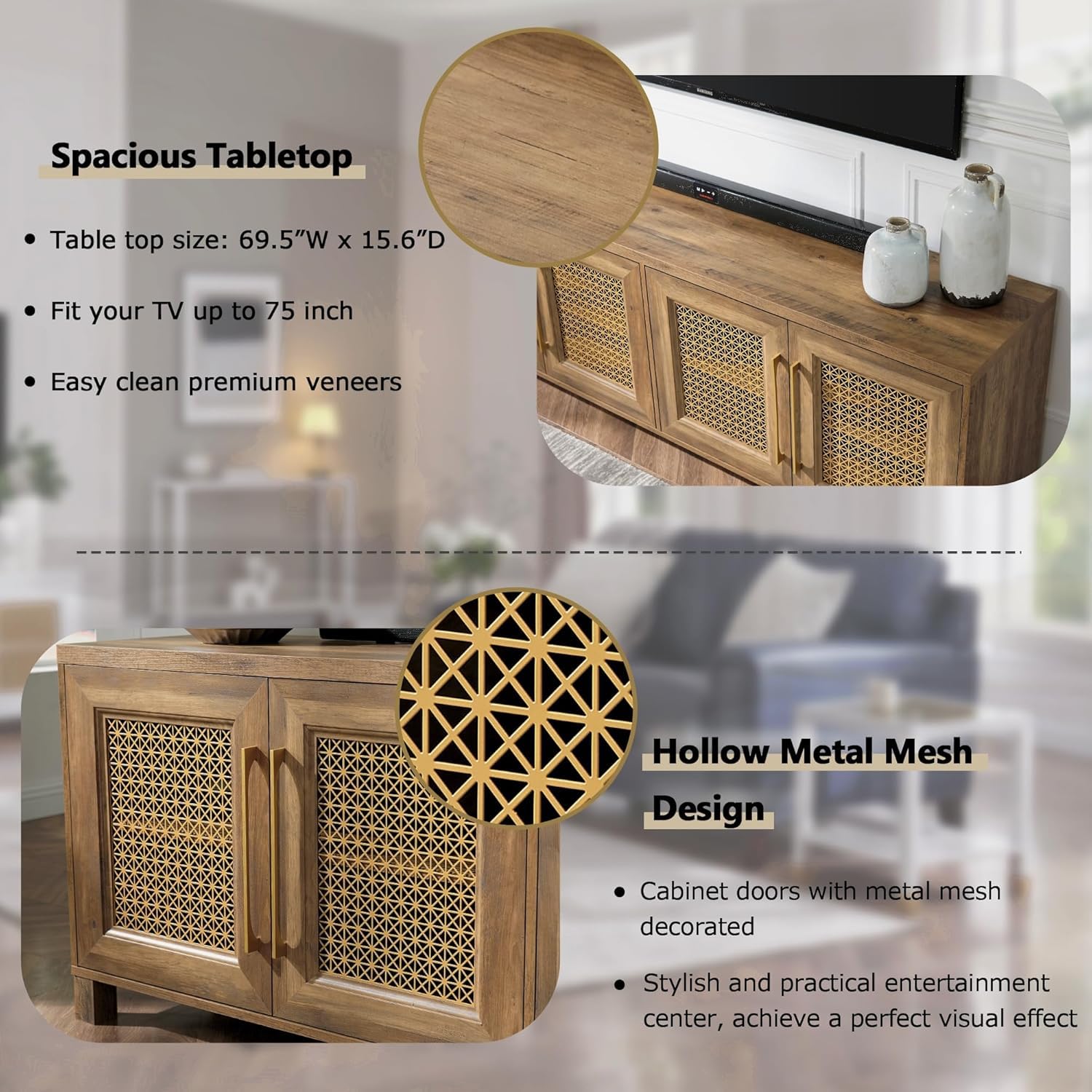 Mid Century Modern TV Stand for 75 Inch TVs - Rustic Boho Entertainment Center with Gold Metal Mesh Doors & Storage Cabinets, 69.5