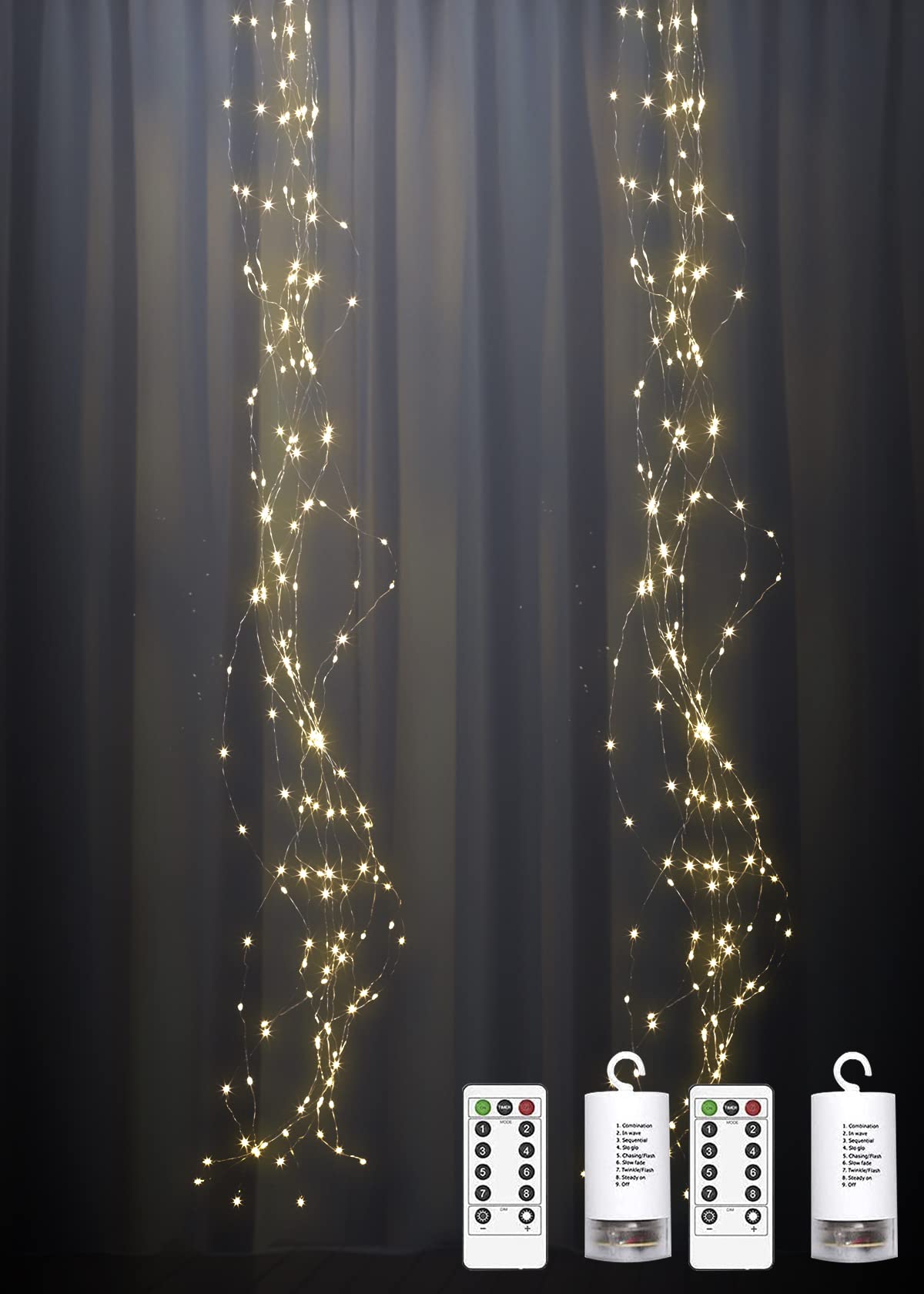 2 Pack 250 LED Firefly Fairy Lights - 8.2ft Waterproof Outdoor String Lights with 8 Flashing Modes, Remote Control & Battery Powered - Perfect for Garden, Patio, Wedding, Party, and Home Decoration (Warm White)