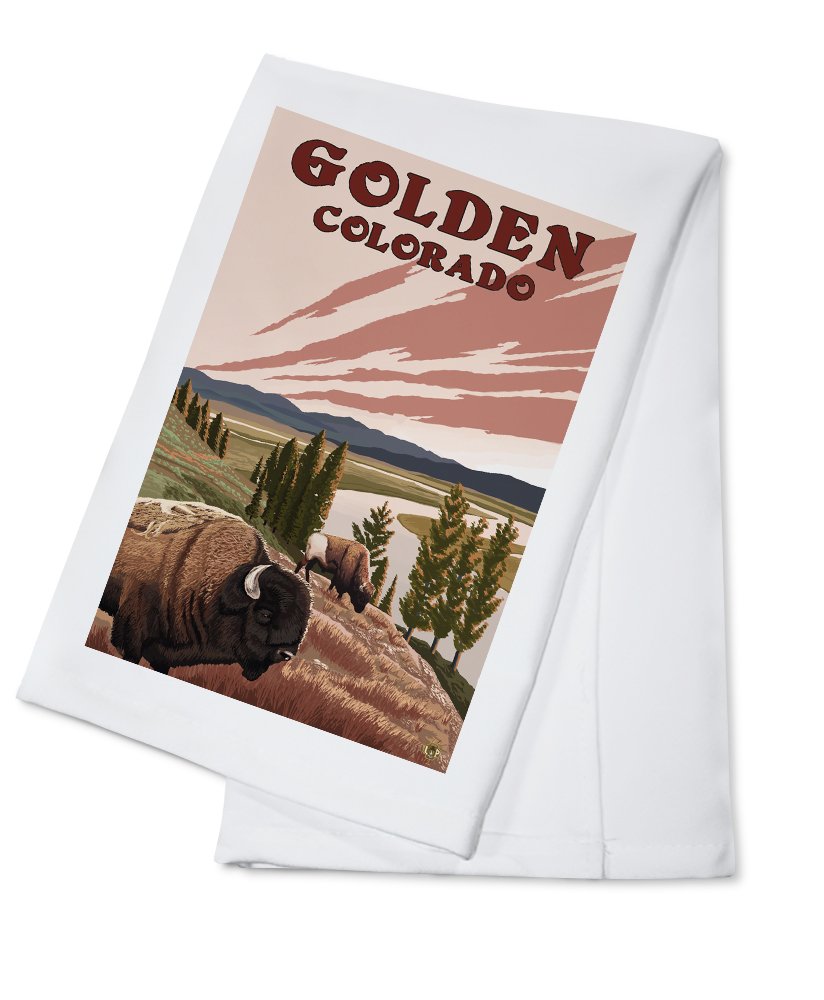 Golden Colorado Bison and River 100% Cotton Tea Towel - Decorative Hand Towel for Kitchen, Home Decor, and Housewarming Gifts | Perfect for Drying Dishes, Decorating Farmhouse Kitchens, and Rustic Home Accents