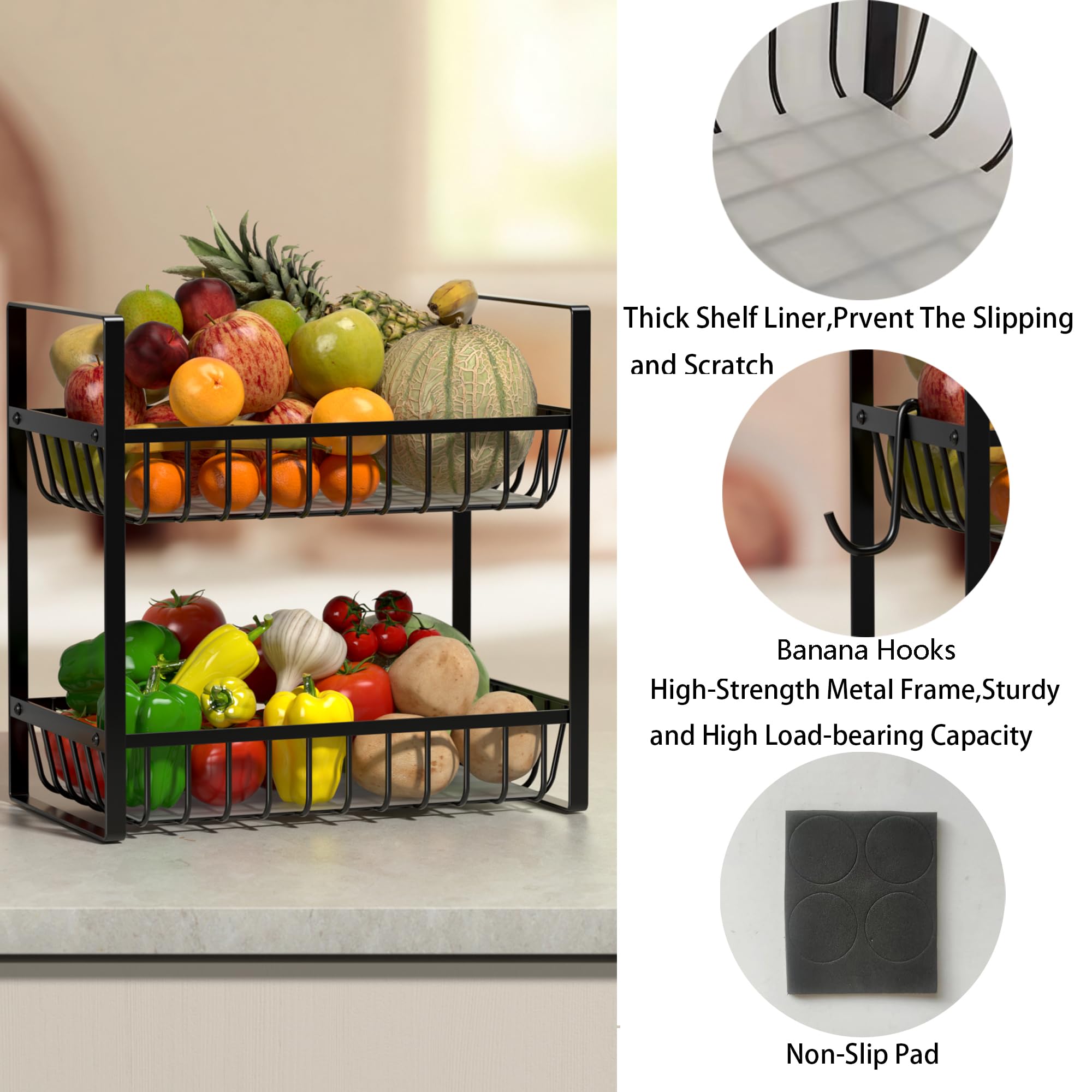 2-Tier Heavy Duty Metal Fruit Basket for Kitchen Counter - Fruit Bowl & Organizer for Onion, Bread, Snack Storage with Liners | Perfect for Dining Table, Pantry & Kitchen Countertop Decor