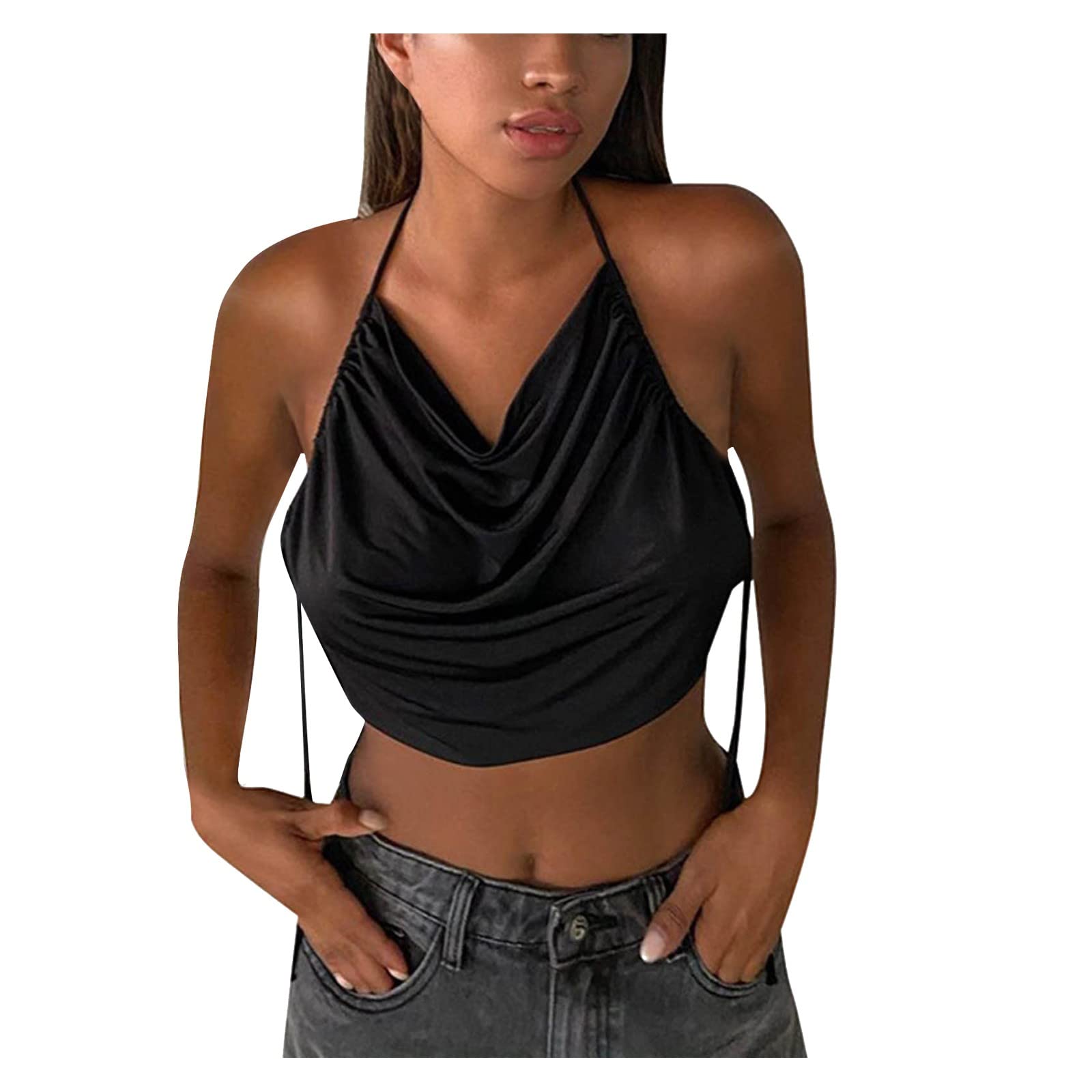 Trendy Women's Deep V Neck Halter Crop Top - Sleeveless Party Tops & Summer Tank Tops for Women | Perfect for Night Out, Beach Wear & Club Outfits
