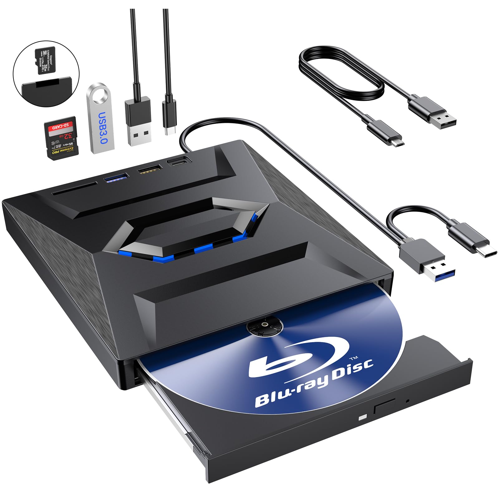 Portable External Blu Ray Drive with USB 3.0 Type C - CD/DVD Burner & Reader for PC, Laptop, Mac - Supports Blu-ray, DVD±RW, SD Card - Perfect for Home Theater, Media Backup & Entertainment