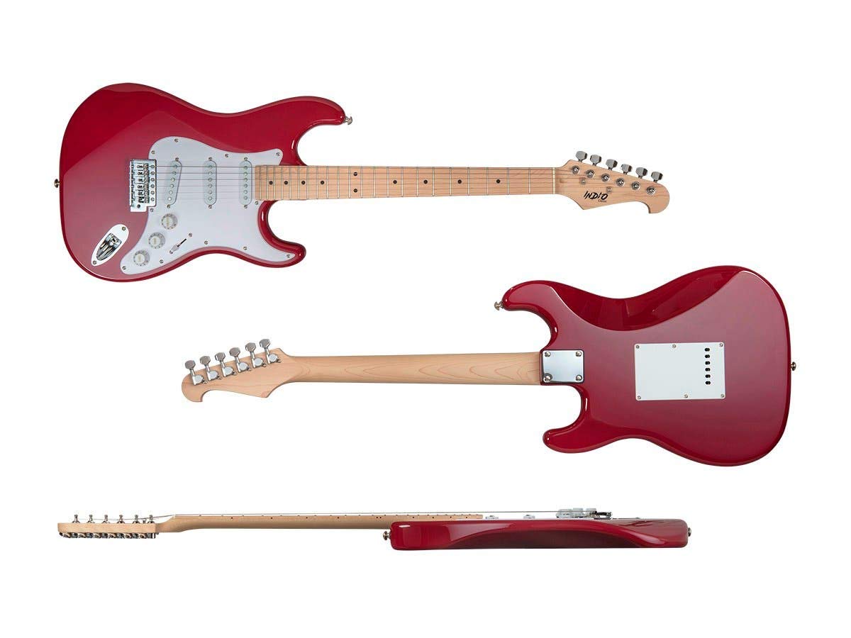 Monoprice Cali Classic Electric Guitar - Wine Red, 6-String Solid Body, Right-Handed, SSS Pickups, Full-Range Tone with Gig Bag | Beginner Guitar for Rock, Blues & Practice | Indio Series