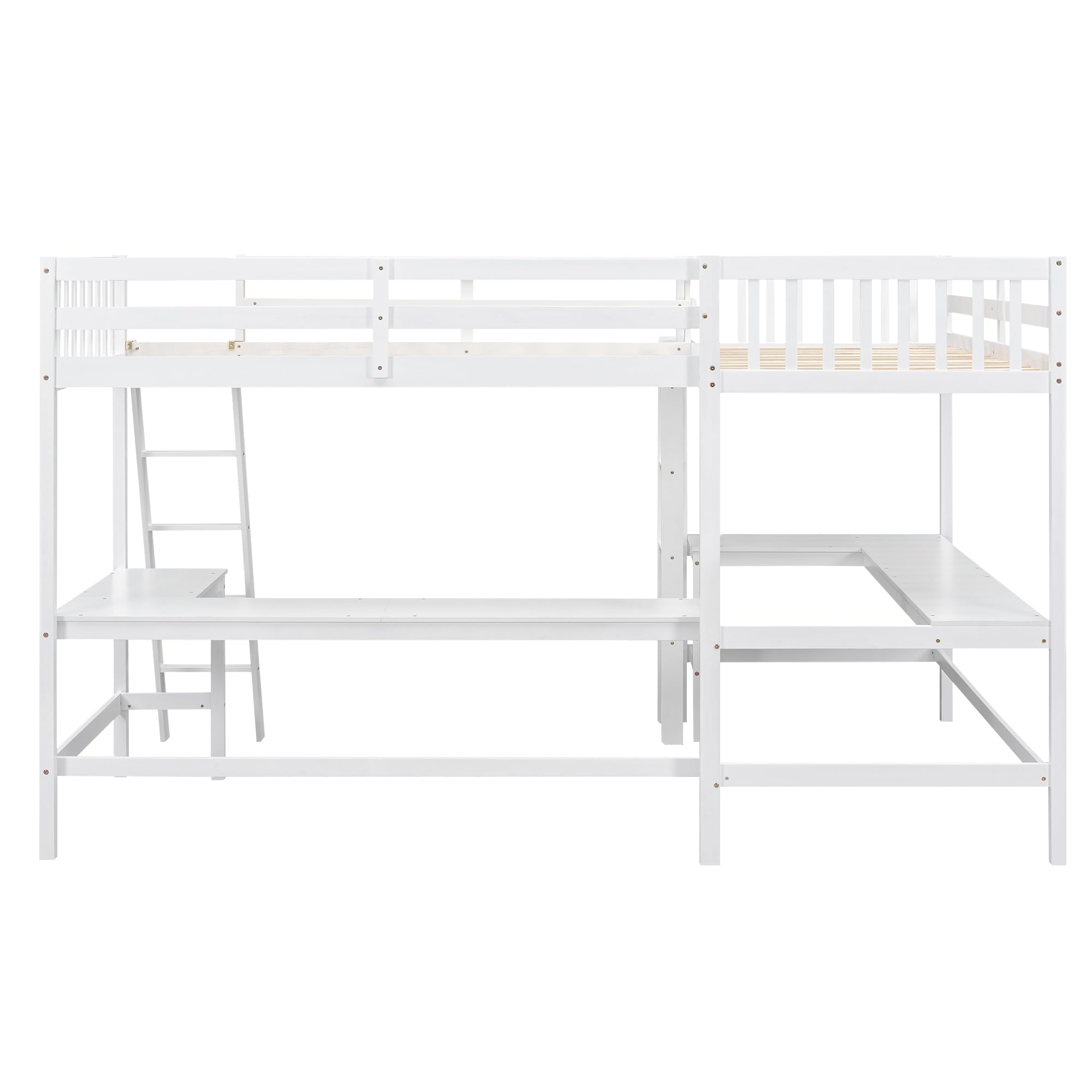 Merax White Wood Twin Size L-Shaped Loft Bed with Ladder & 2 Built-in Desks - Space Saving Bunk Bed for Kids & Teens - Perfect for Small Bedrooms, Dorms & Studio Apartments