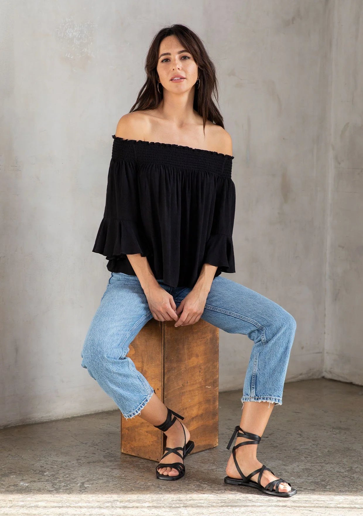 Elegant Black Jacquard Flutter Off-Shoulder Smocked Blouse for Women | Summer Boho Chic Tops | Perfect for Beach Vacations, Date Nights & Outdoor Parties