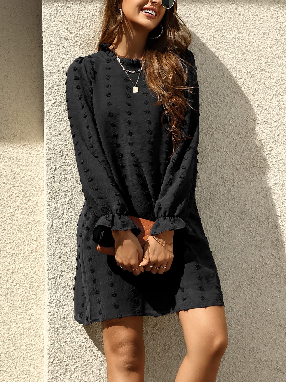 FAMITION Women's Long Sleeve Swiss Dot Chiffon Mini Dress - Elegant Wedding Guest, Fall Casual & Flowy Party Dress for Women | Perfect for Bridal Showers, Cocktail Parties & Date Nights
