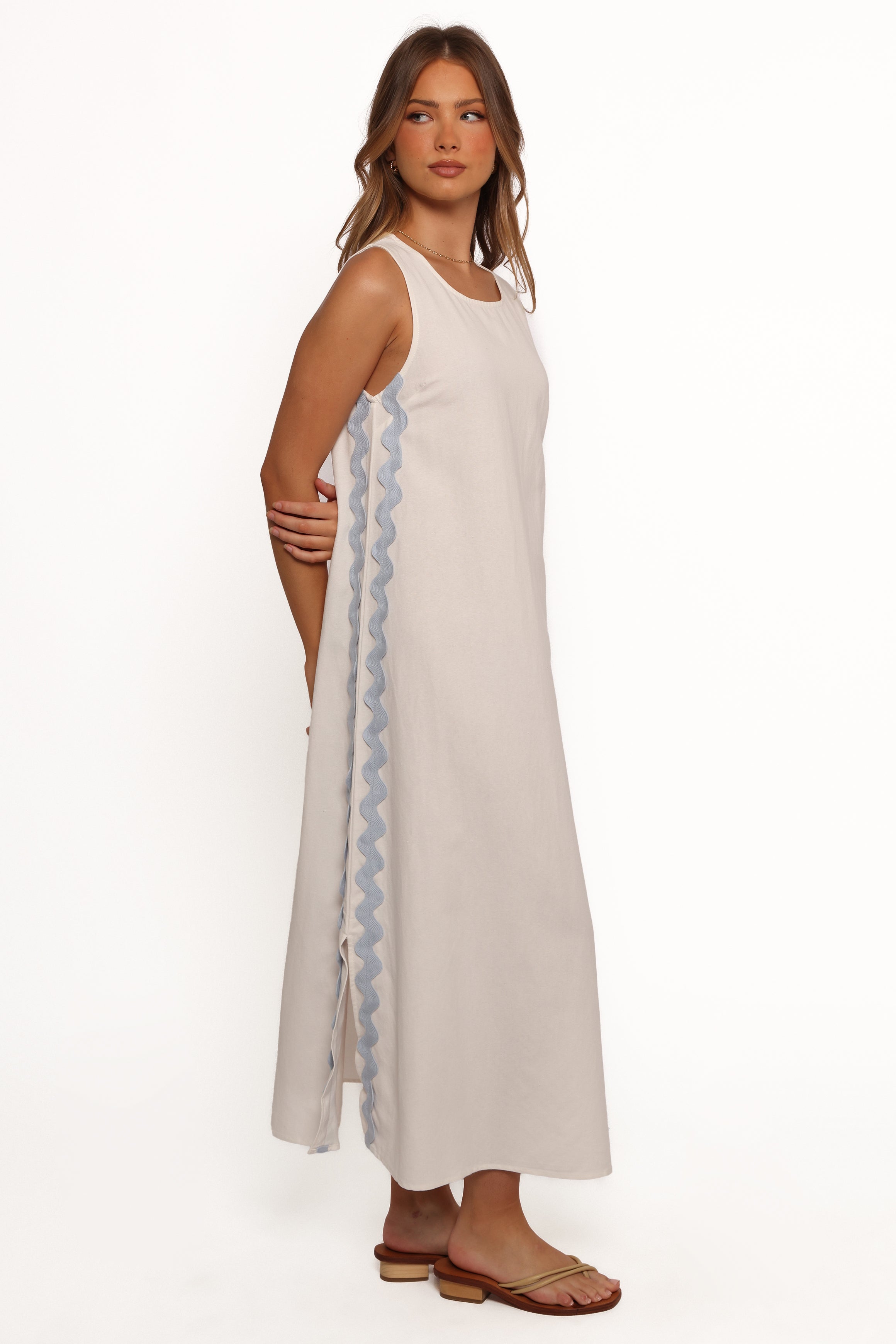 Lennie Midi Dress for Women - Flowy Cream & Blue Summer Dress | Casual & Party Wear | Perfect for Beach, Wedding & Date Night