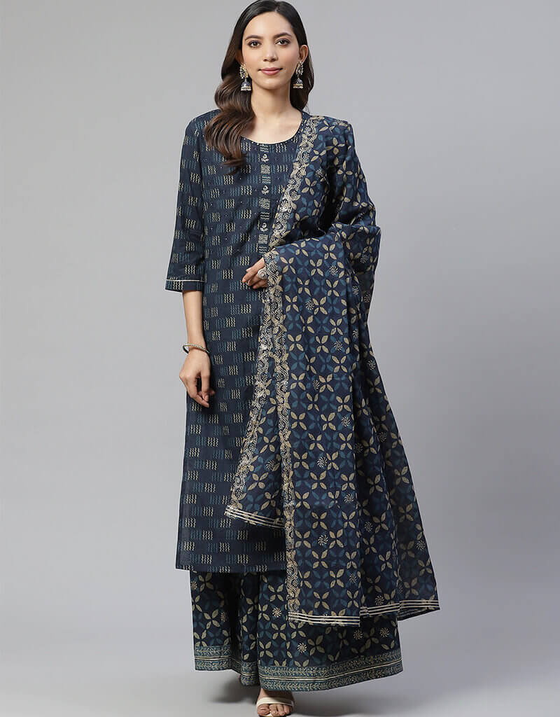 Elegant Blue Cotton Sharara Suit for Women | Traditional Pakistani/Indian Outfit | Perfect for Weddings, Festivals & Special Occasions