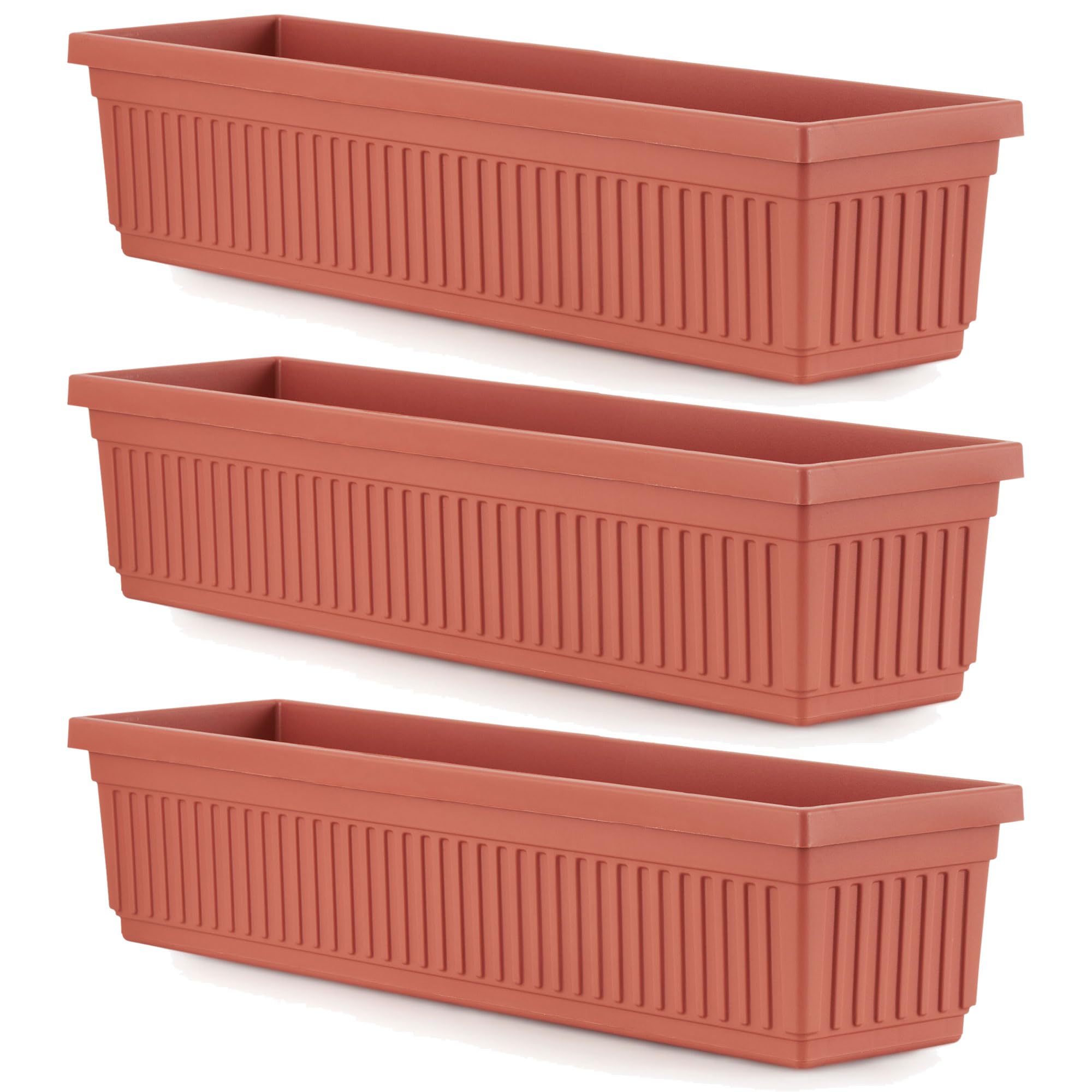 HC Companies 30 Inch Long Fluted Venetian Garden Window Planter Box - Indoor Outdoor Flower, Vegetable & Succulent Planters - Clay Rectangular Container (3 Pack) for Balcony, Patio, Windowsill Gardening Decor
