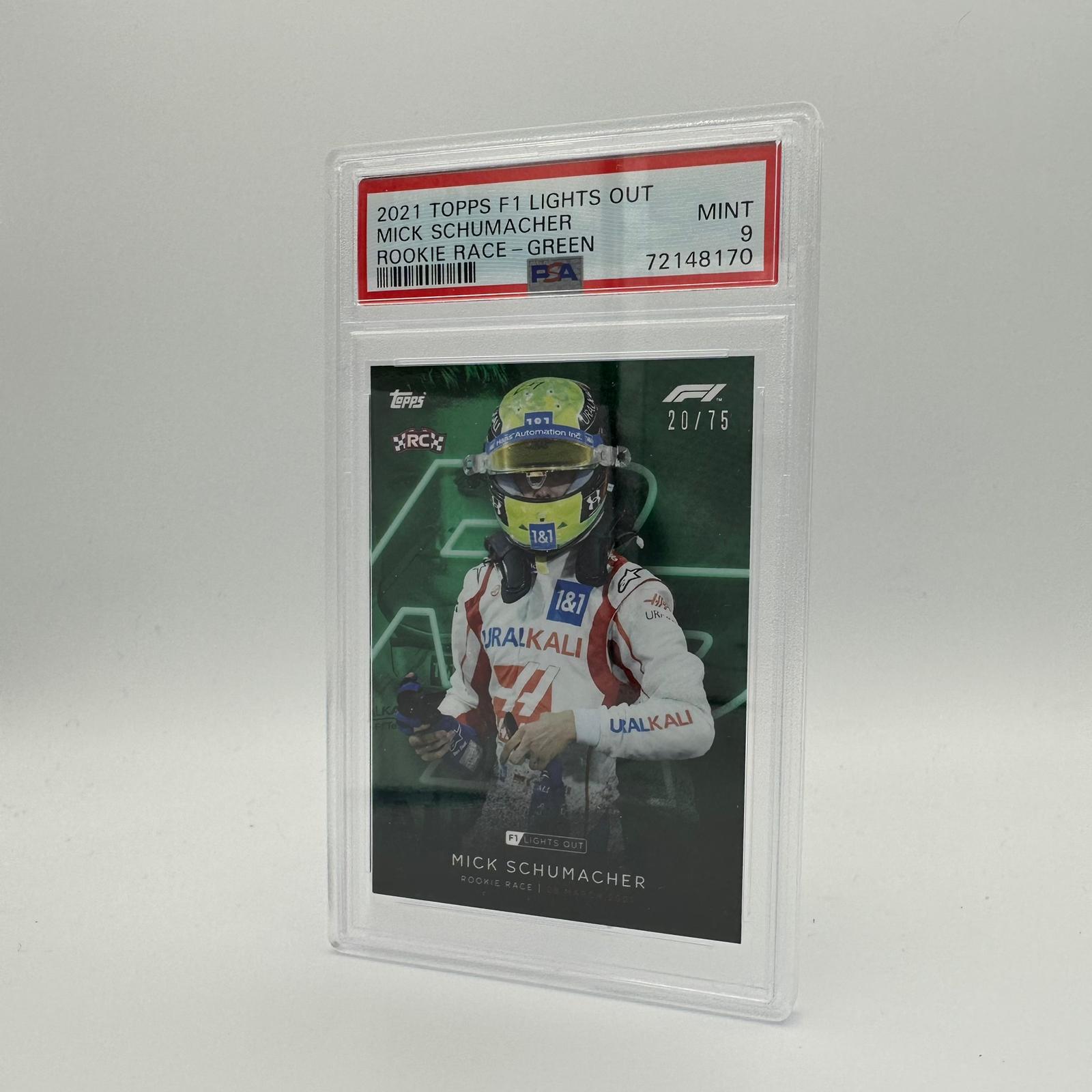 PSA 9 Graded 20/75 Mick Schumacher Rookie Race Green Parallel - Rare Collectible Trading Card for F1 Fans & Sports Memorabilia Collectors