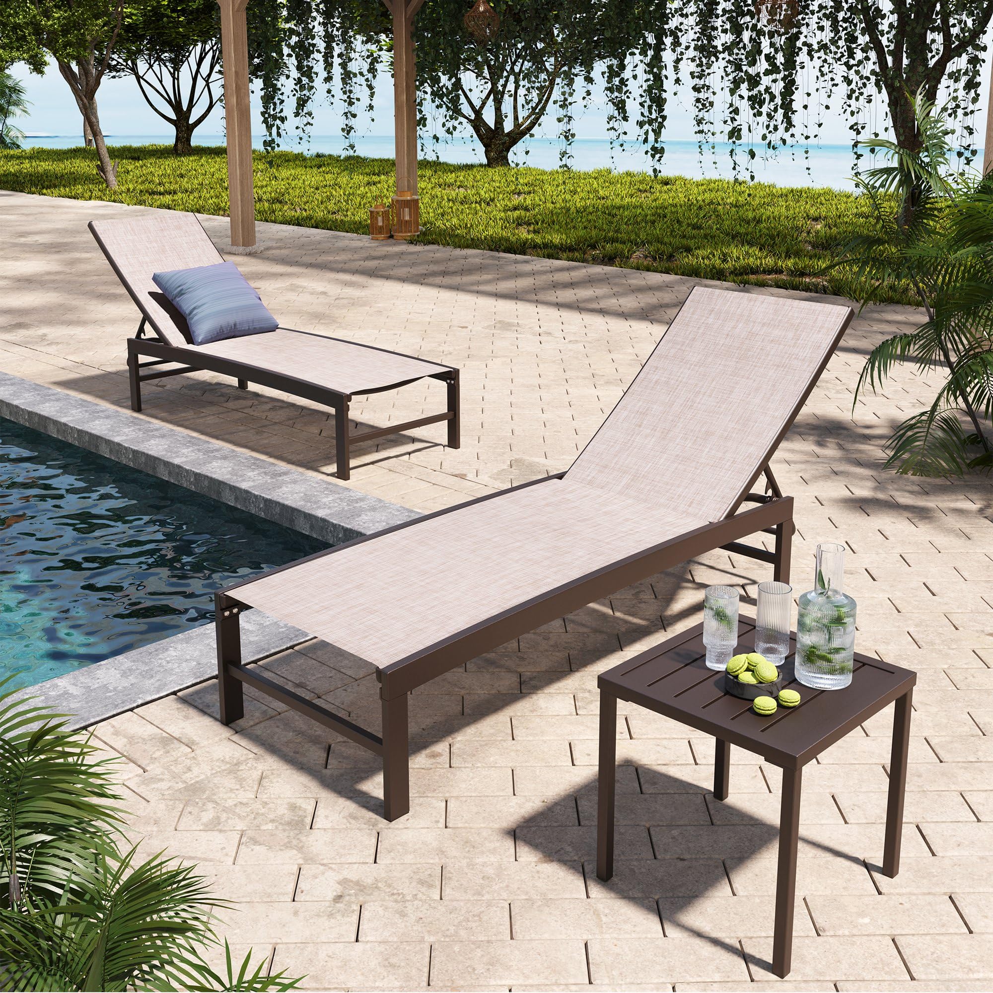 Pellebant Outdoor Lounge Chairs Set of 2 - Patio Aluminum Chaise Lounge Chairs with Adjustable Backrest, Rustproof Poolside Sunbathing Chairs for Deck, Garden, Beach (2-Piece, Beige) | Perfect for Backyard Relaxation, Poolside Lounging & Outdoor Sunbathing