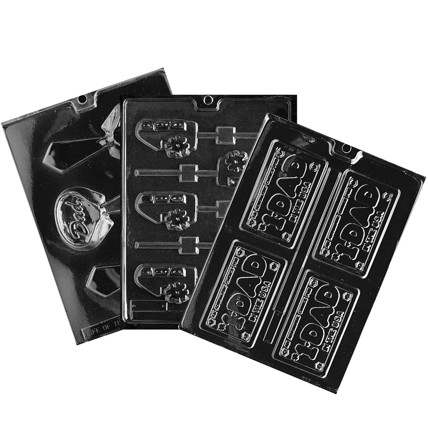 Dad-Themed Chocolate Candy Soap Mold Set - 3-Pack Food Safe Plastic Molds for Cake Decorating (Tie D008, #1 Dad Lolly D023, Dad License Plate D041) | Perfect for Father's Day Gifts, DIY Candy Making & Baking Projects