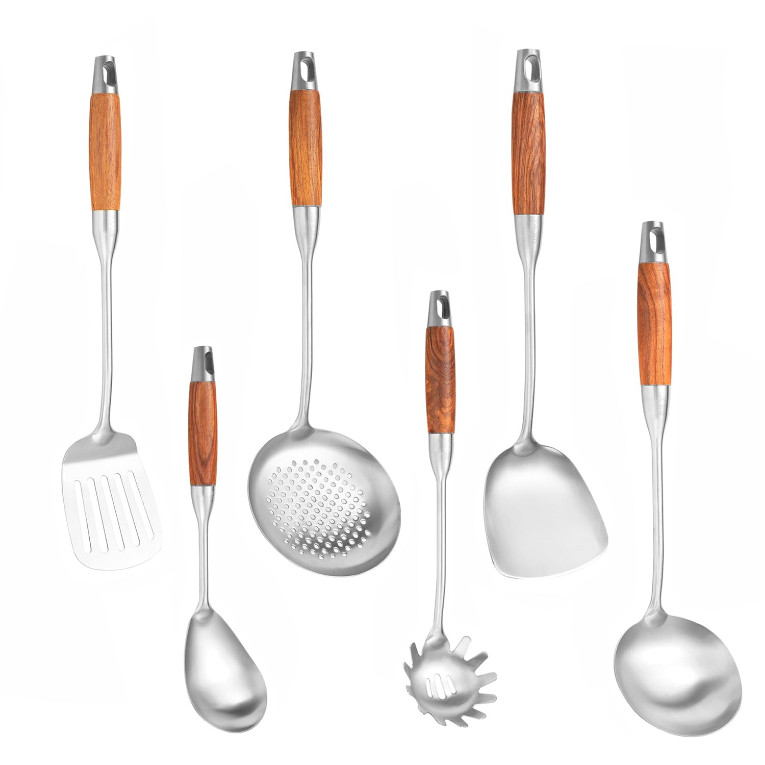 Premium 6-Piece Stainless Steel Kitchen Utensil Set with Wooden Handle - Wok Spatula, Ladle, Skimmer, Slotted Turner, Spaghetti Spoon & Large Spoon for Cooking, Frying & Serving - Ideal for Home Chefs & Restaurant Use